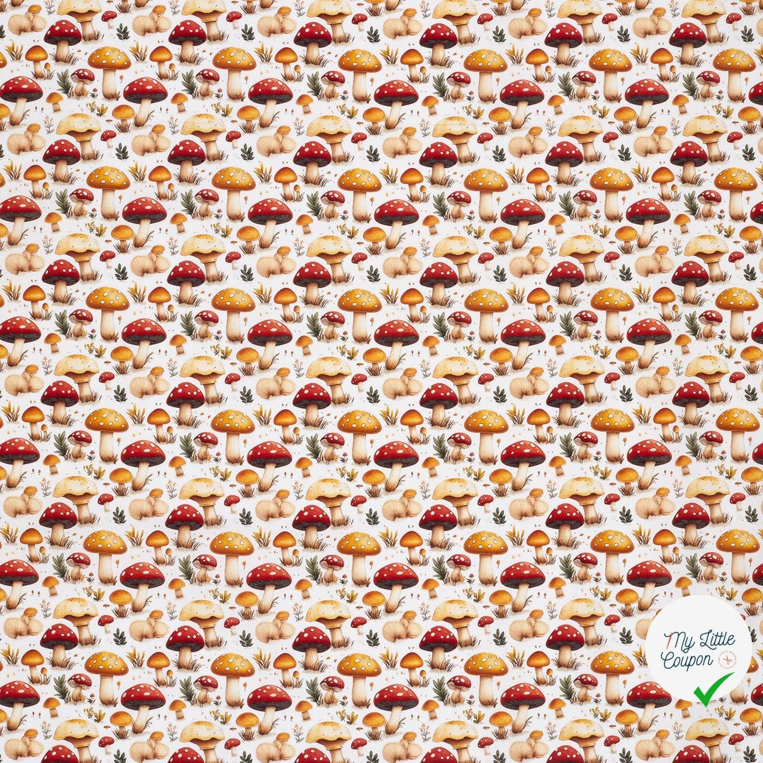 POPELINE DE COTON CHAMPIGNONS FOND BLANC - My Little Coupon