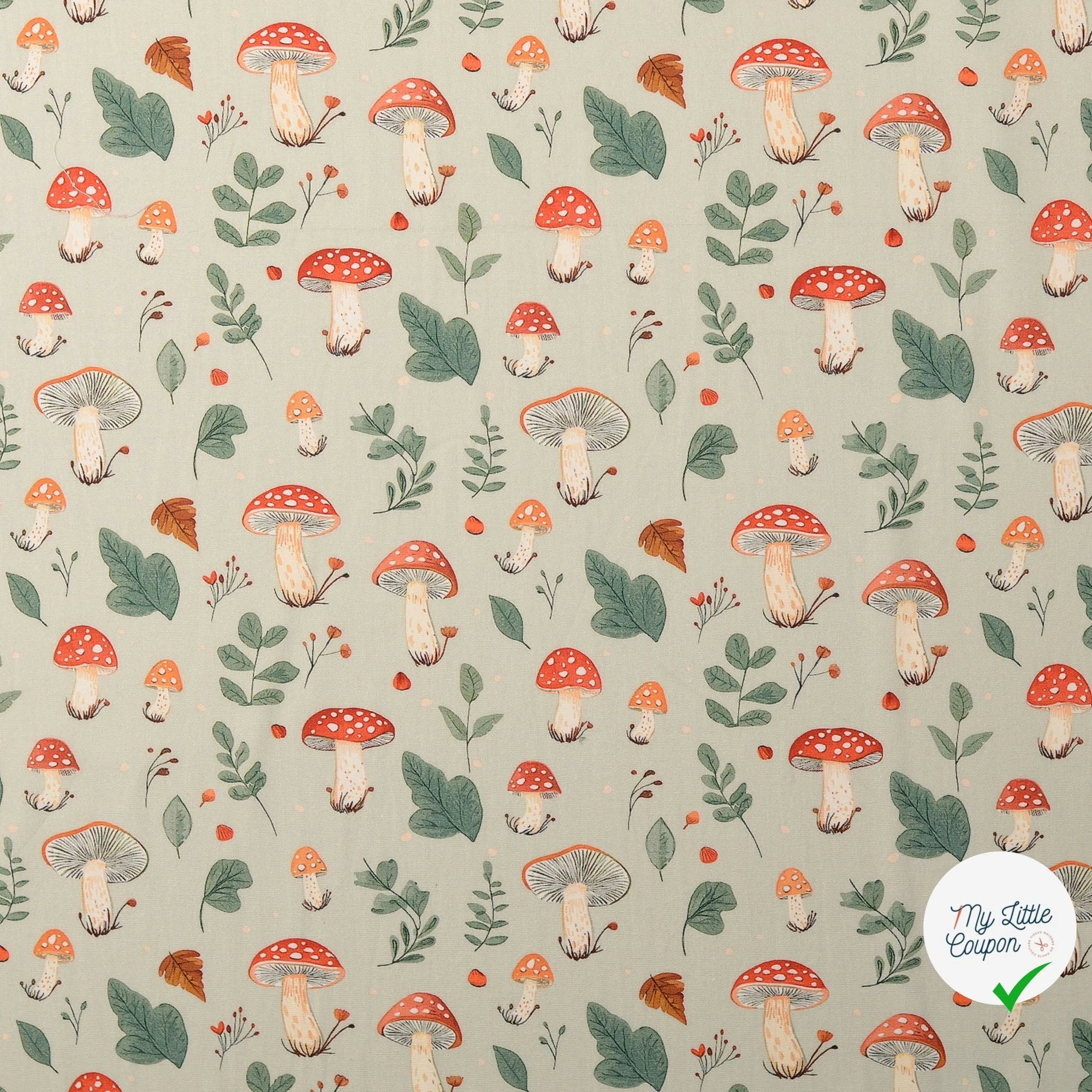 POPELINE DE COTON CHAMPIGNONS VERT - My Little Coupon