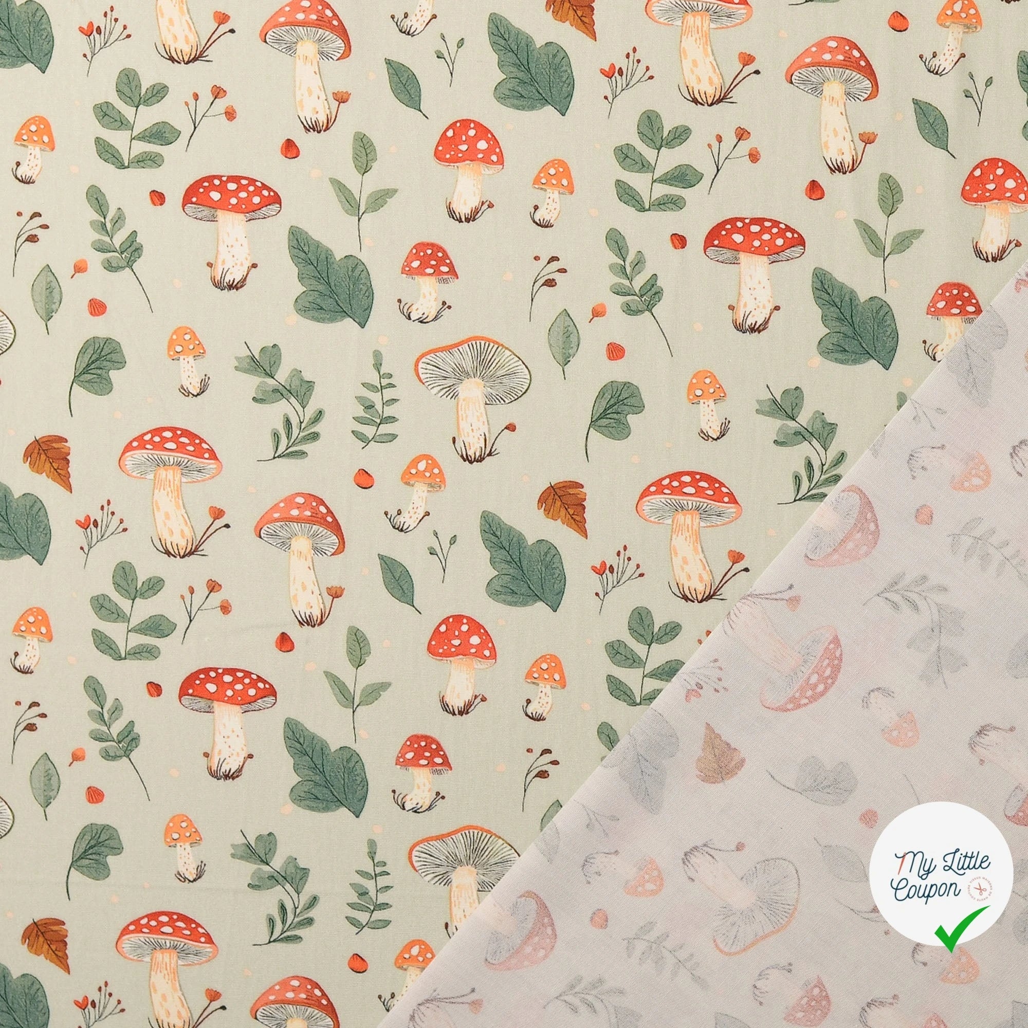 POPELINE DE COTON CHAMPIGNONS VERT - My Little Coupon