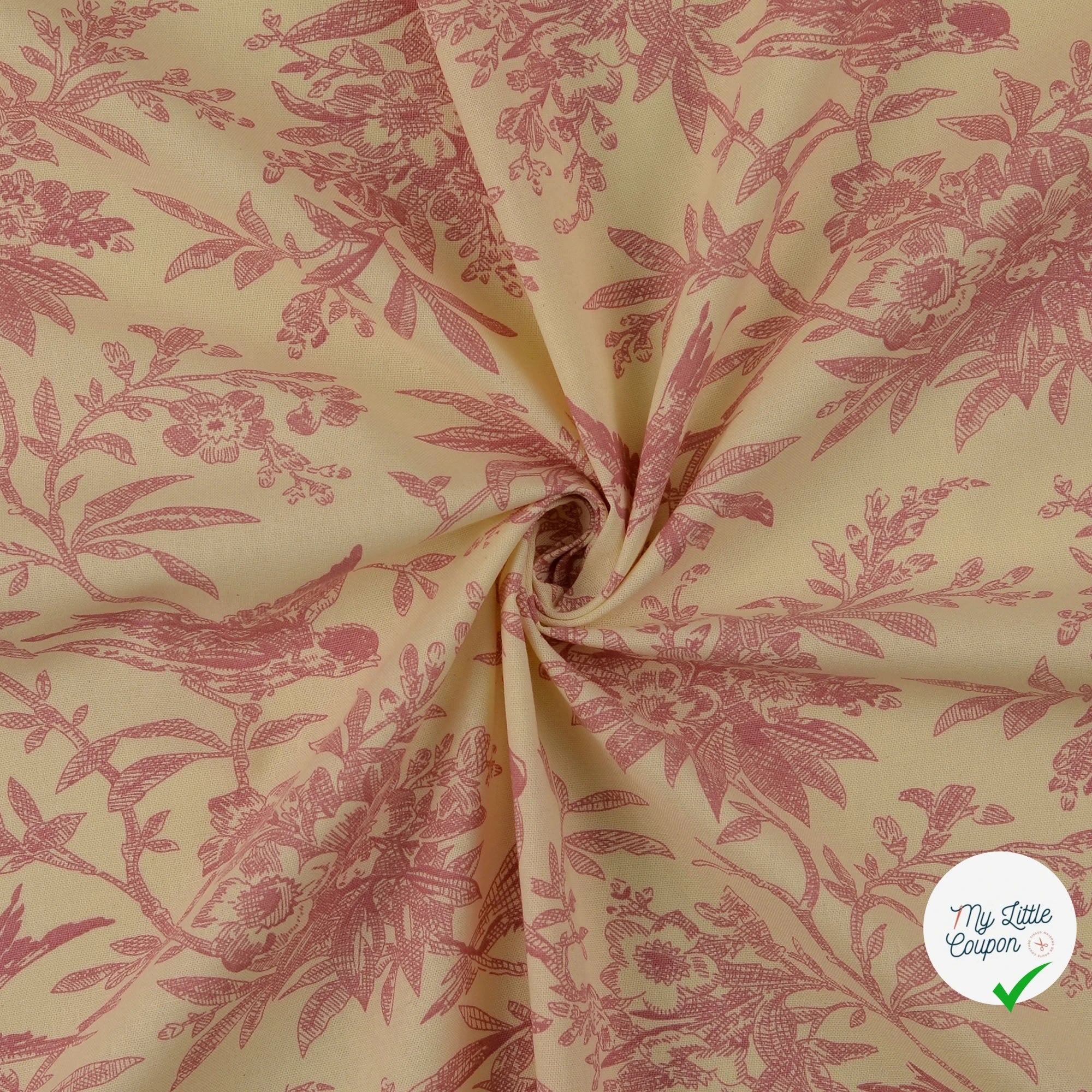 POPELINE DE COTON FEUILLES VIEUX ROSE - My Little Coupon