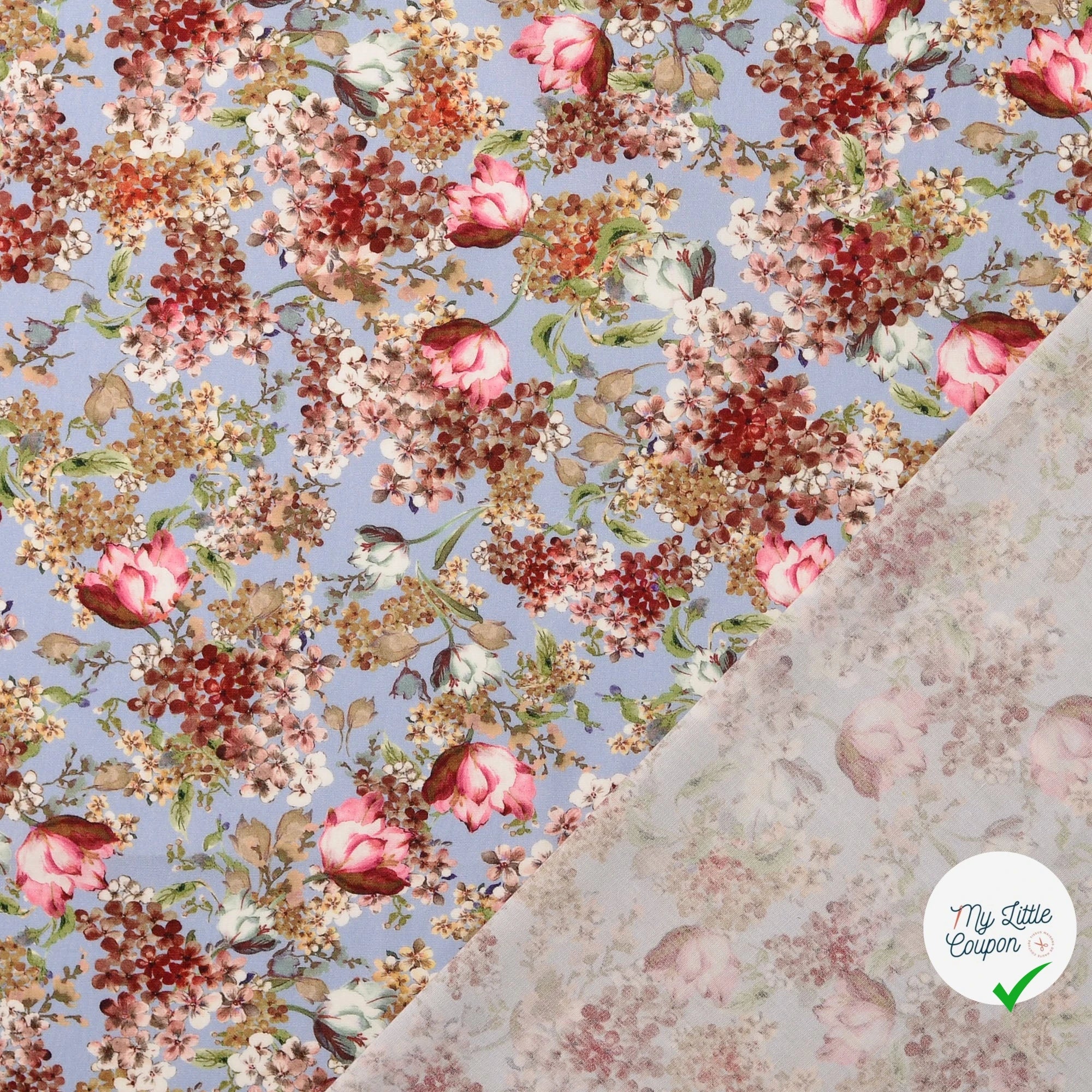 POPELINE DE COTON FLEURS FOND BLEU BÉBÉ - My Little Coupon