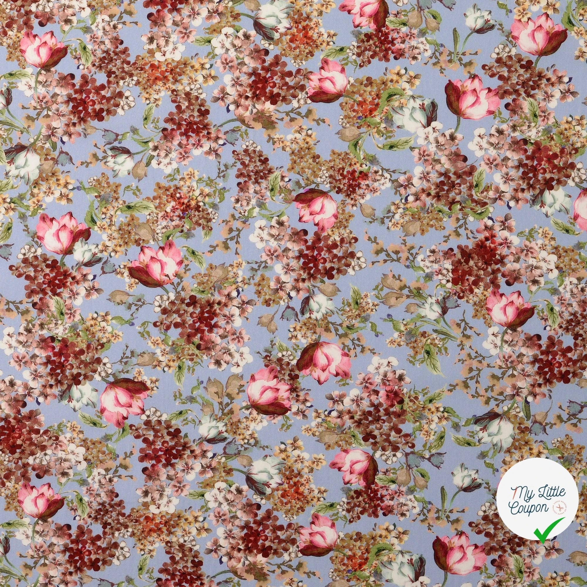 POPELINE DE COTON FLEURS FOND BLEU BÉBÉ - My Little Coupon