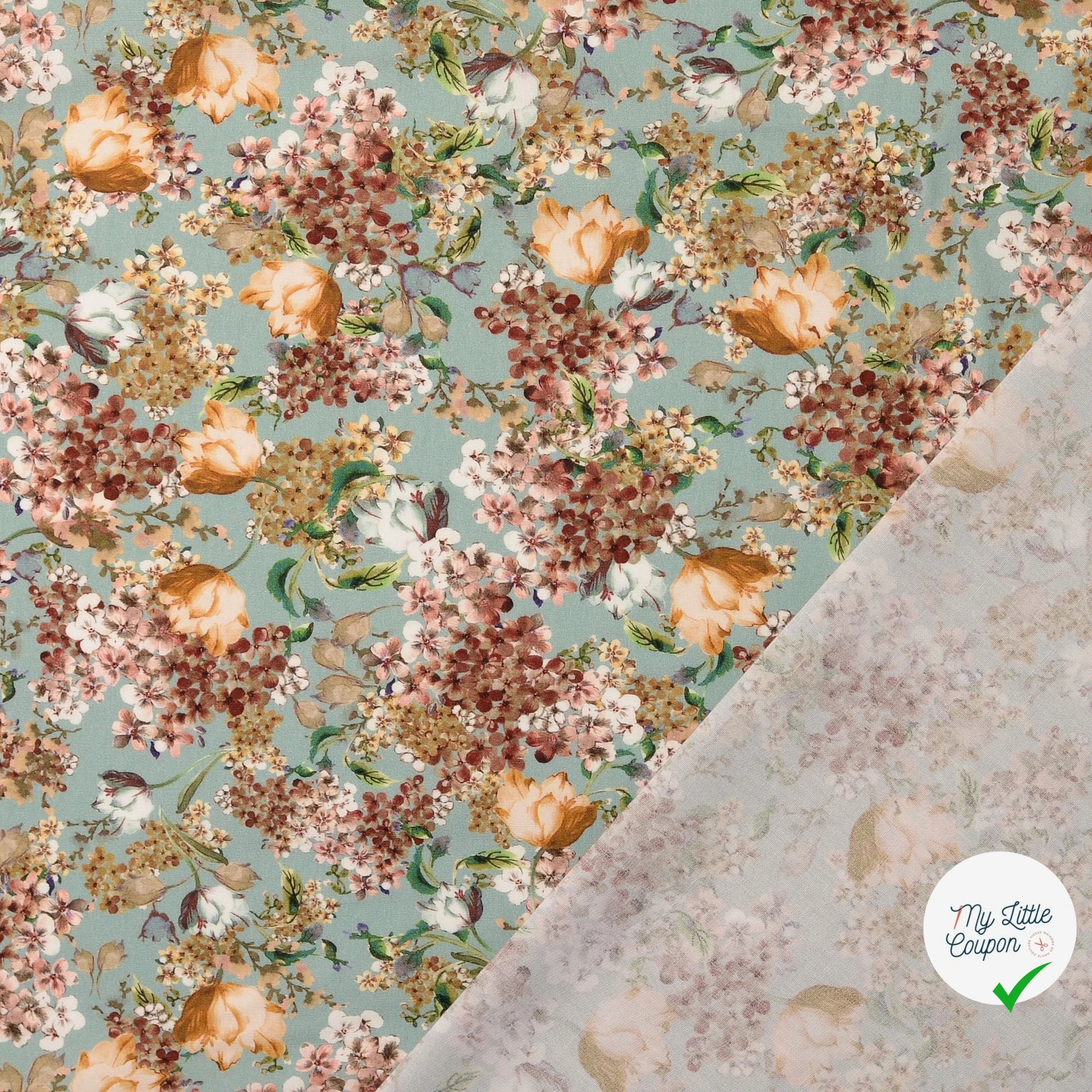 POPELINE DE COTON FLEURS FOND MENTHE - My Little Coupon
