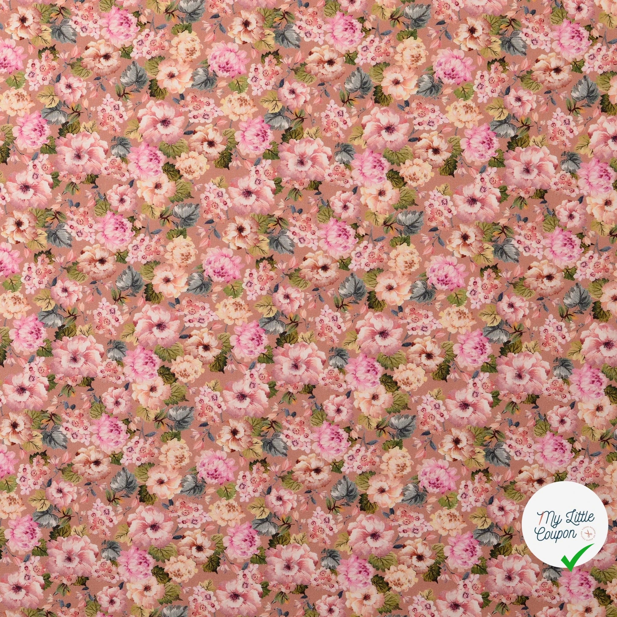 POPELINE DE COTON FLEURS FOND VIEUX ROSE - My Little Coupon