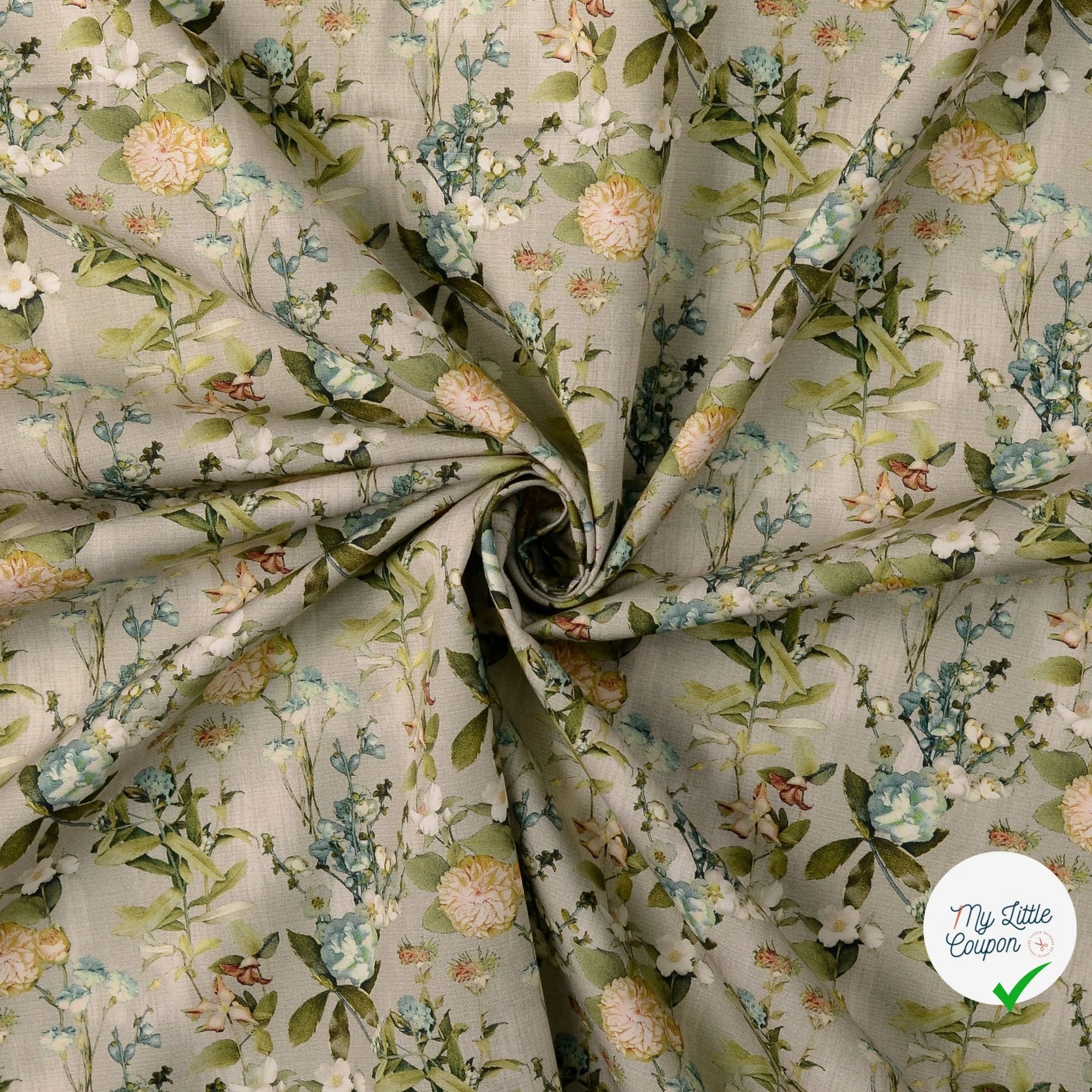 POPELINE DE COTON FLEURS VERT-GRIS - My Little Coupon