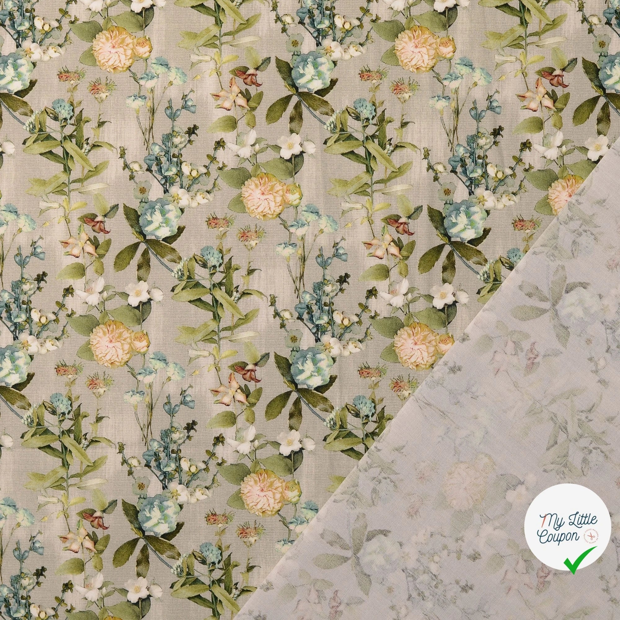 POPELINE DE COTON FLEURS VERT-GRIS - My Little Coupon