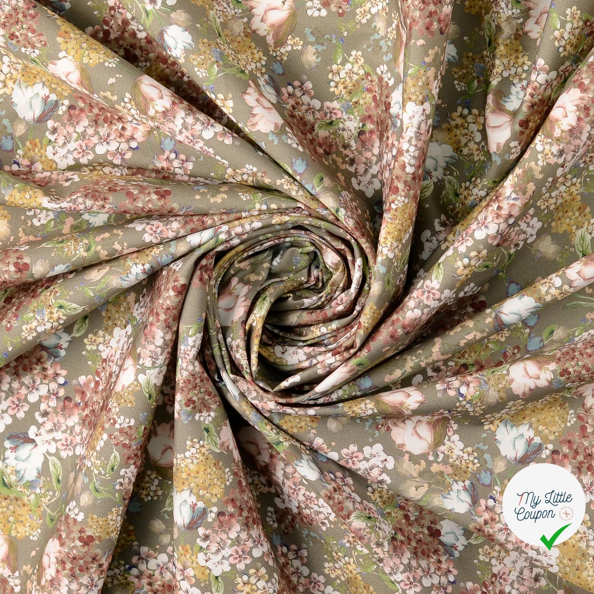 POPELINE DE COTON FLEURS VERT OLIVE - My Little Coupon