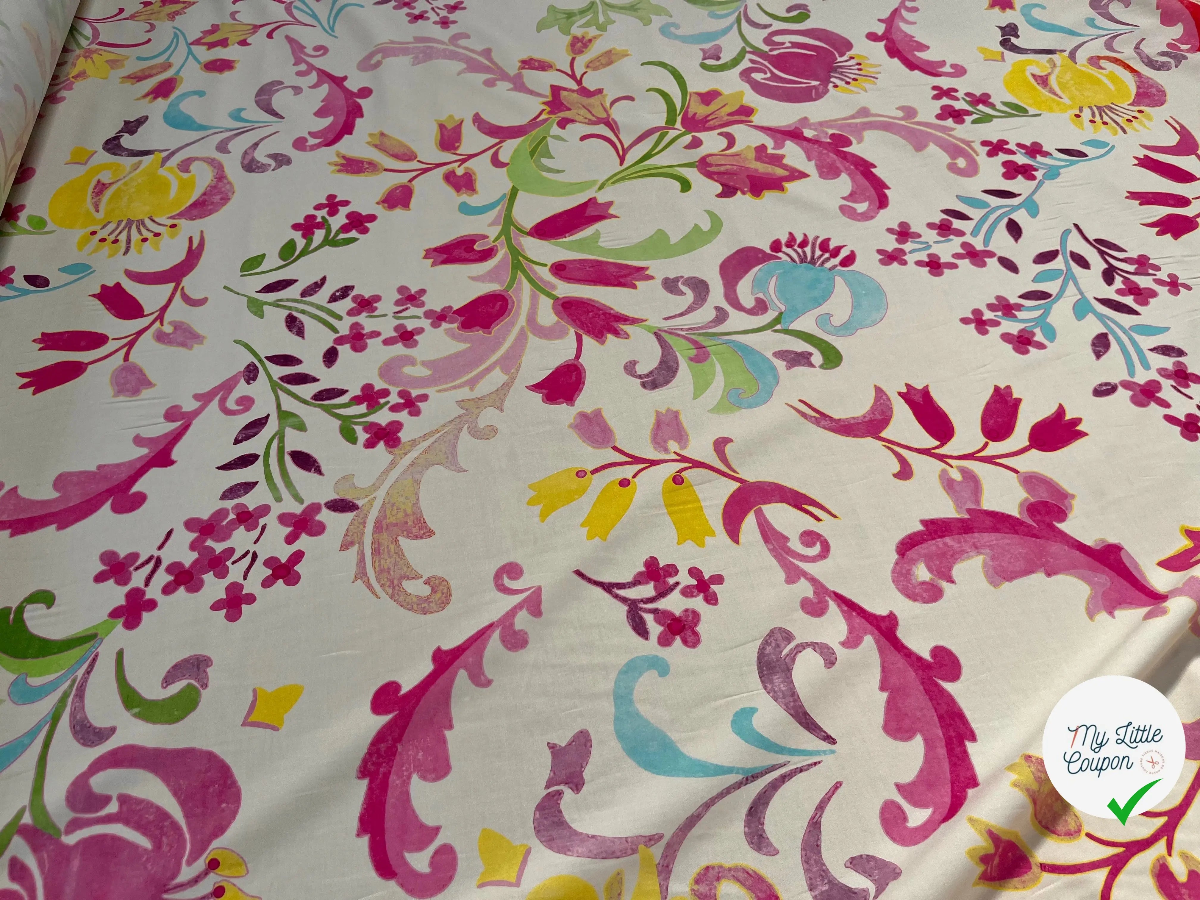 POPELINE DE COTON FOND ÉCRU GROSSE FLEURES MULTICOLORES - My Little Coupon