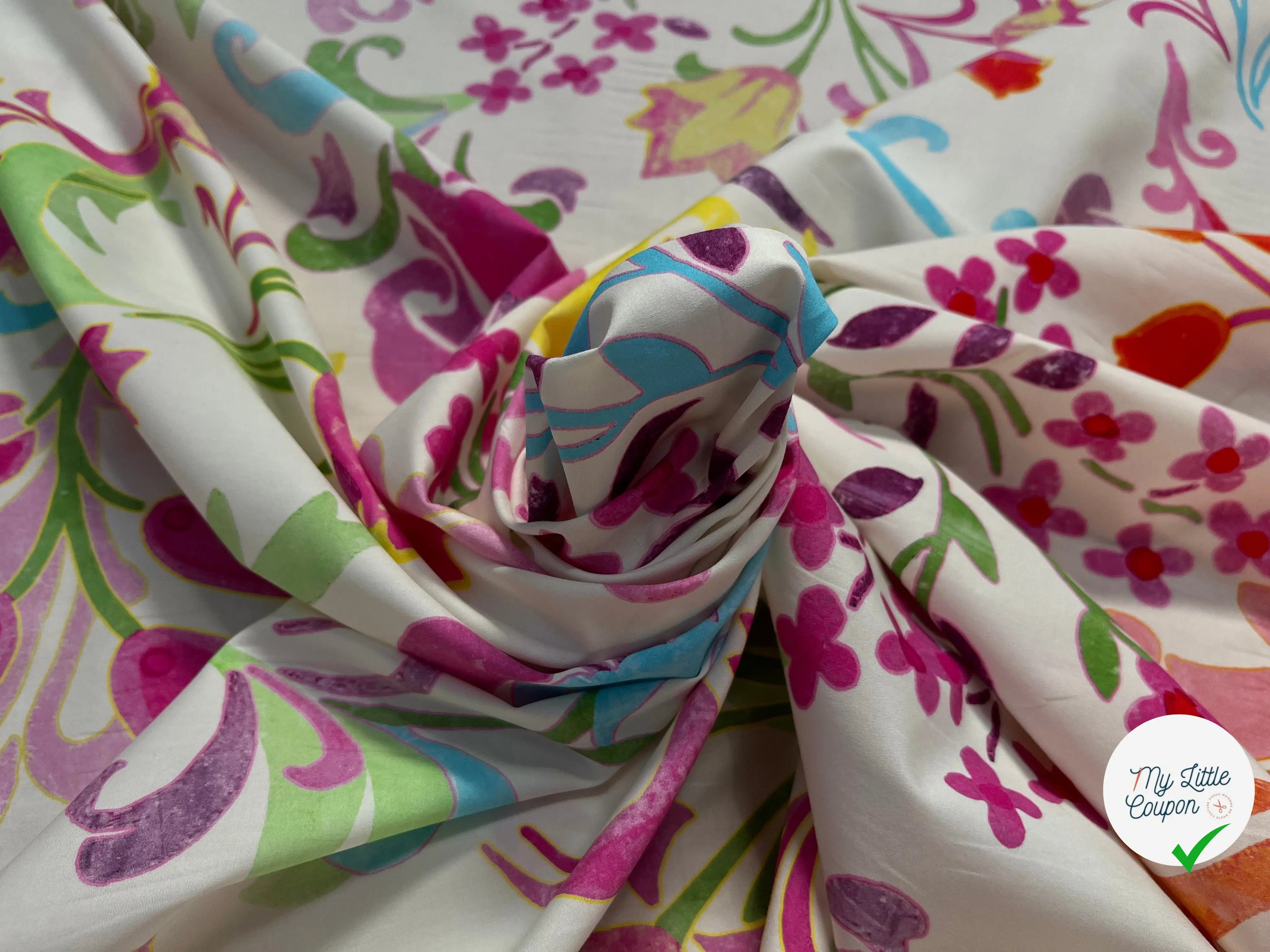 POPELINE DE COTON FOND ÉCRU GROSSE FLEURES MULTICOLORES - My Little Coupon