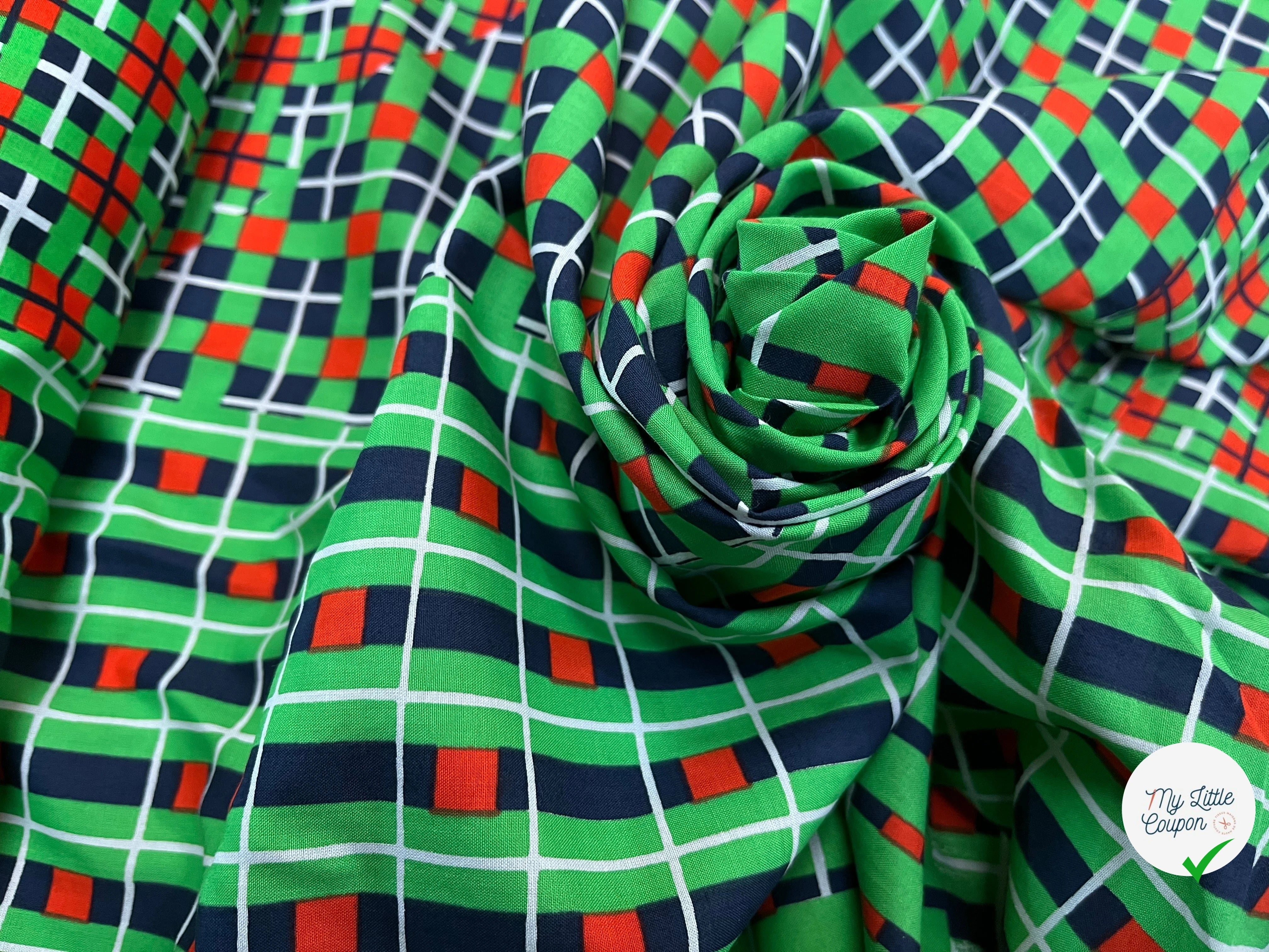 POPELINE DE COTON FOND VERT MOTIF À CARREAUX MARINE ROUGE - My Little Coupon
