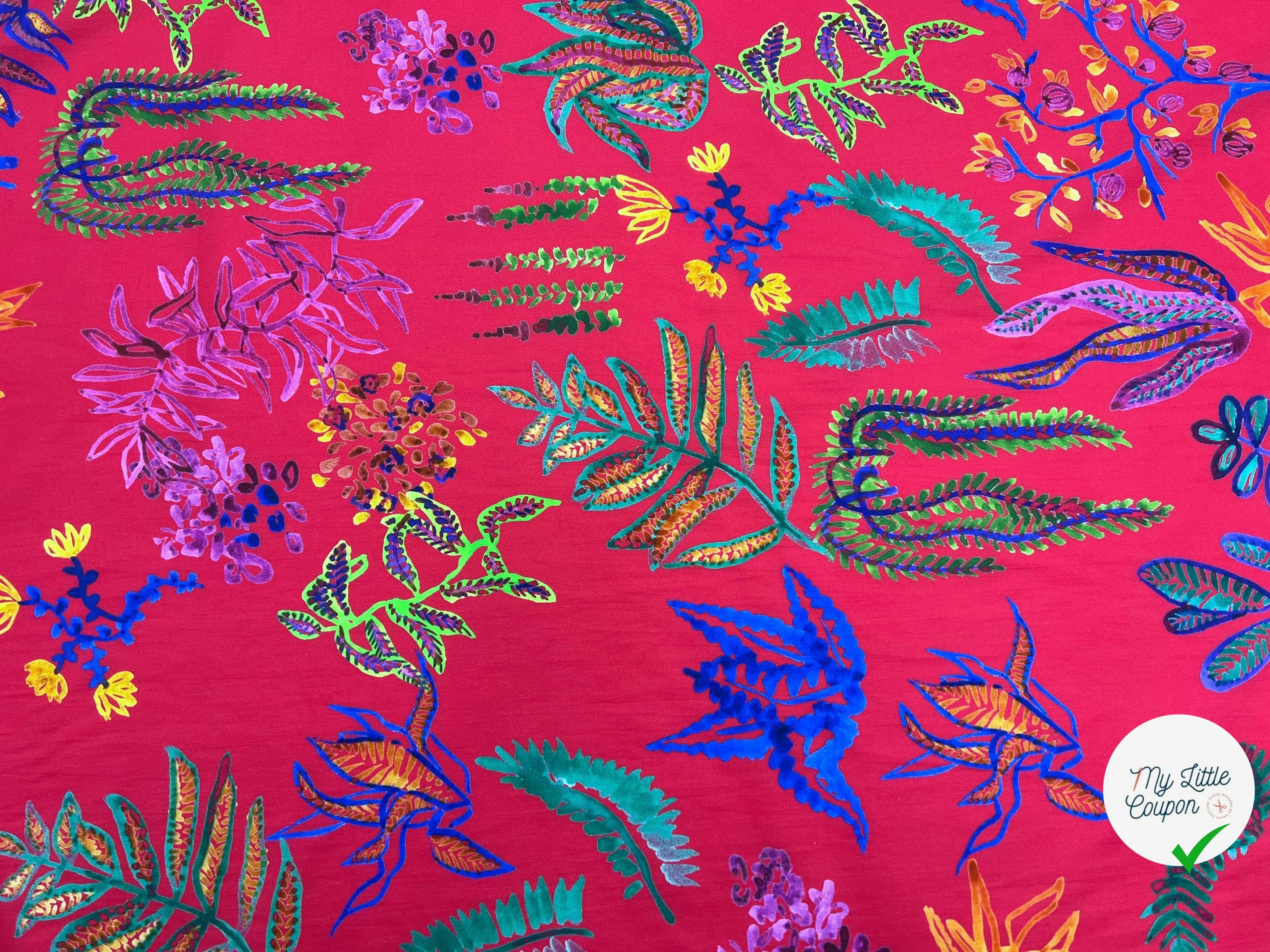 POPELINE DE COTON IMPRIMÉE EDEN COLORÉ FOND ROUGE FUCHSIA - My Little Coupon - tissu - coudre