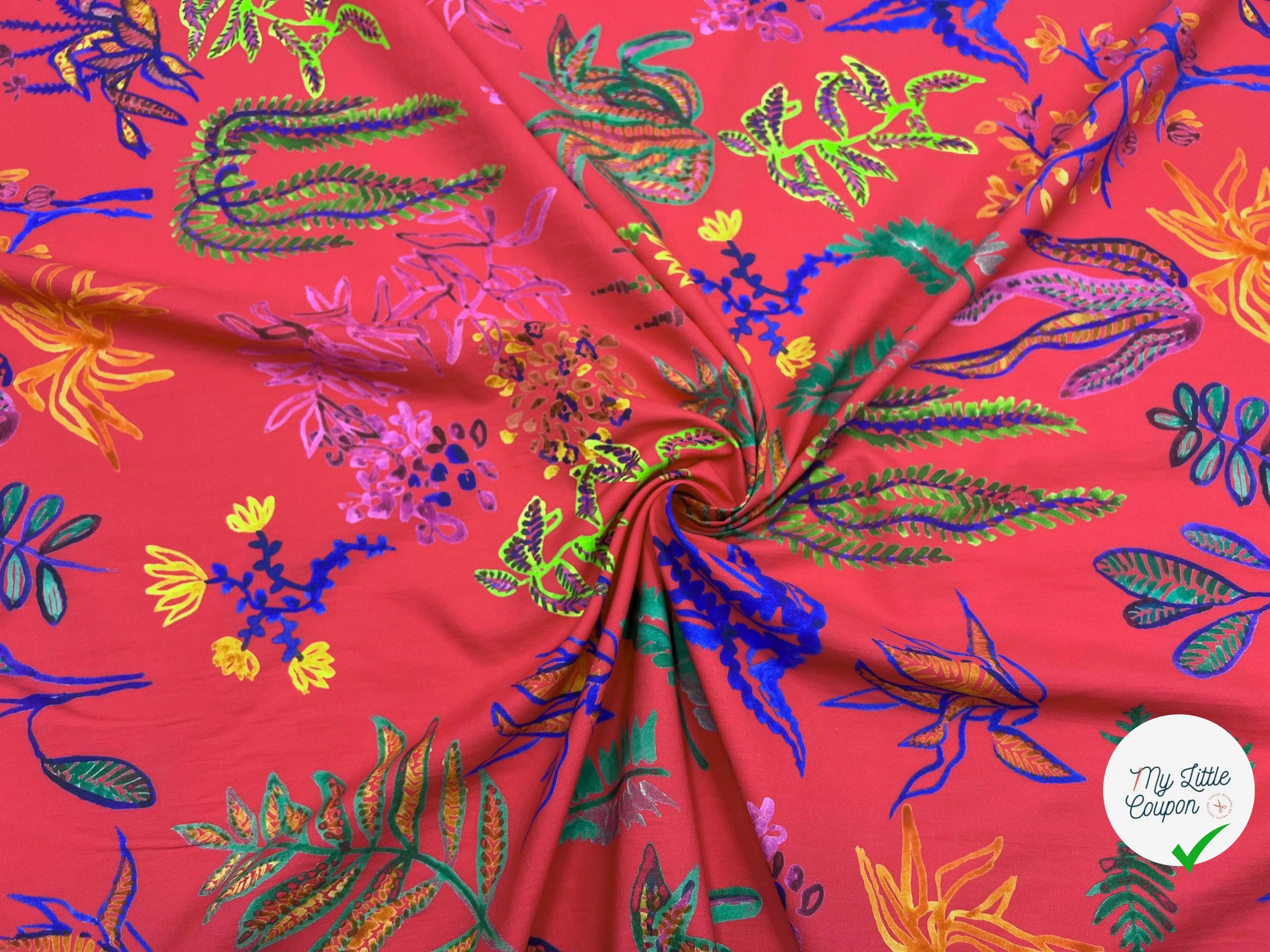 POPELINE DE COTON IMPRIMÉE EDEN COLORÉ FOND ROUGE FUCHSIA - My Little Coupon - tissu - coudre