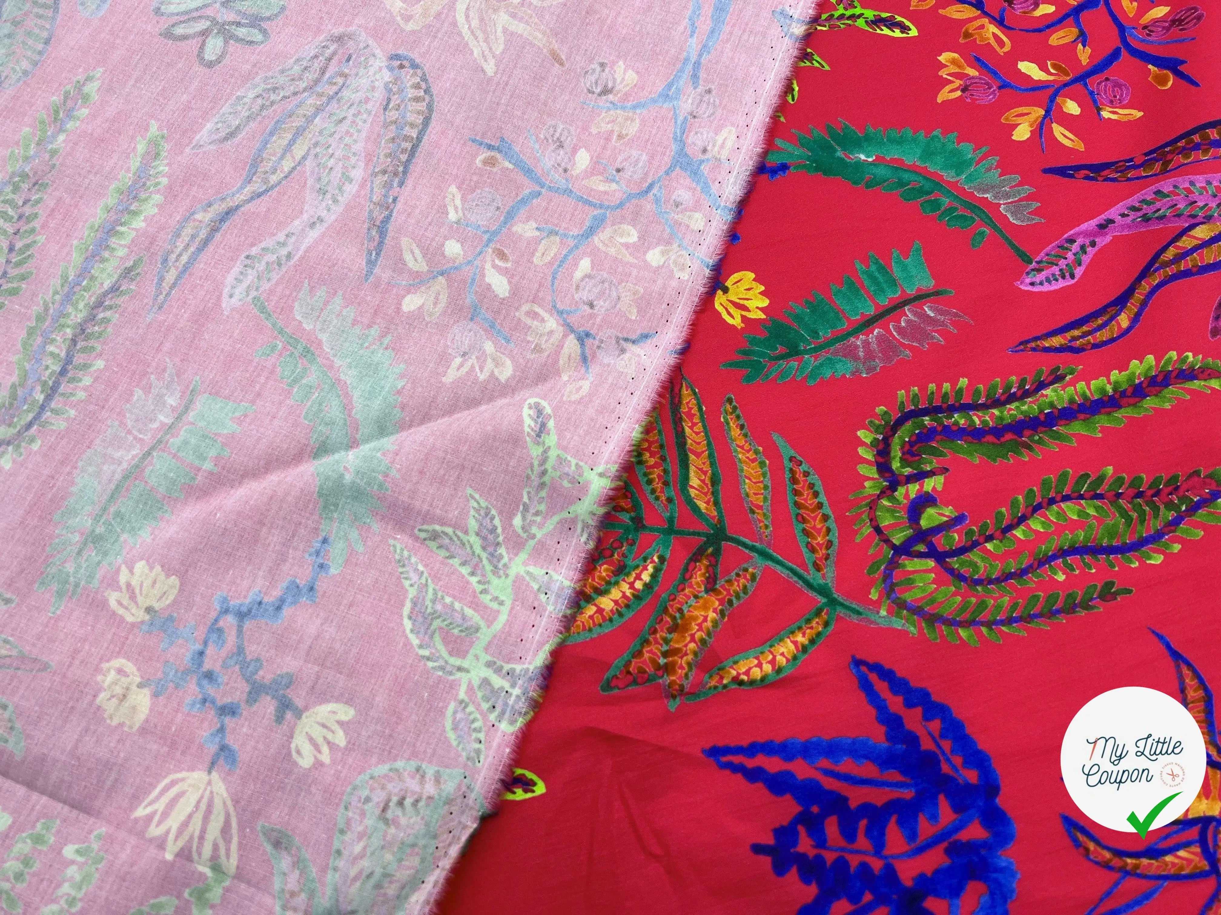 POPELINE DE COTON IMPRIMÉE EDEN COLORÉ FOND ROUGE FUCHSIA - My Little Coupon - tissu - coudre