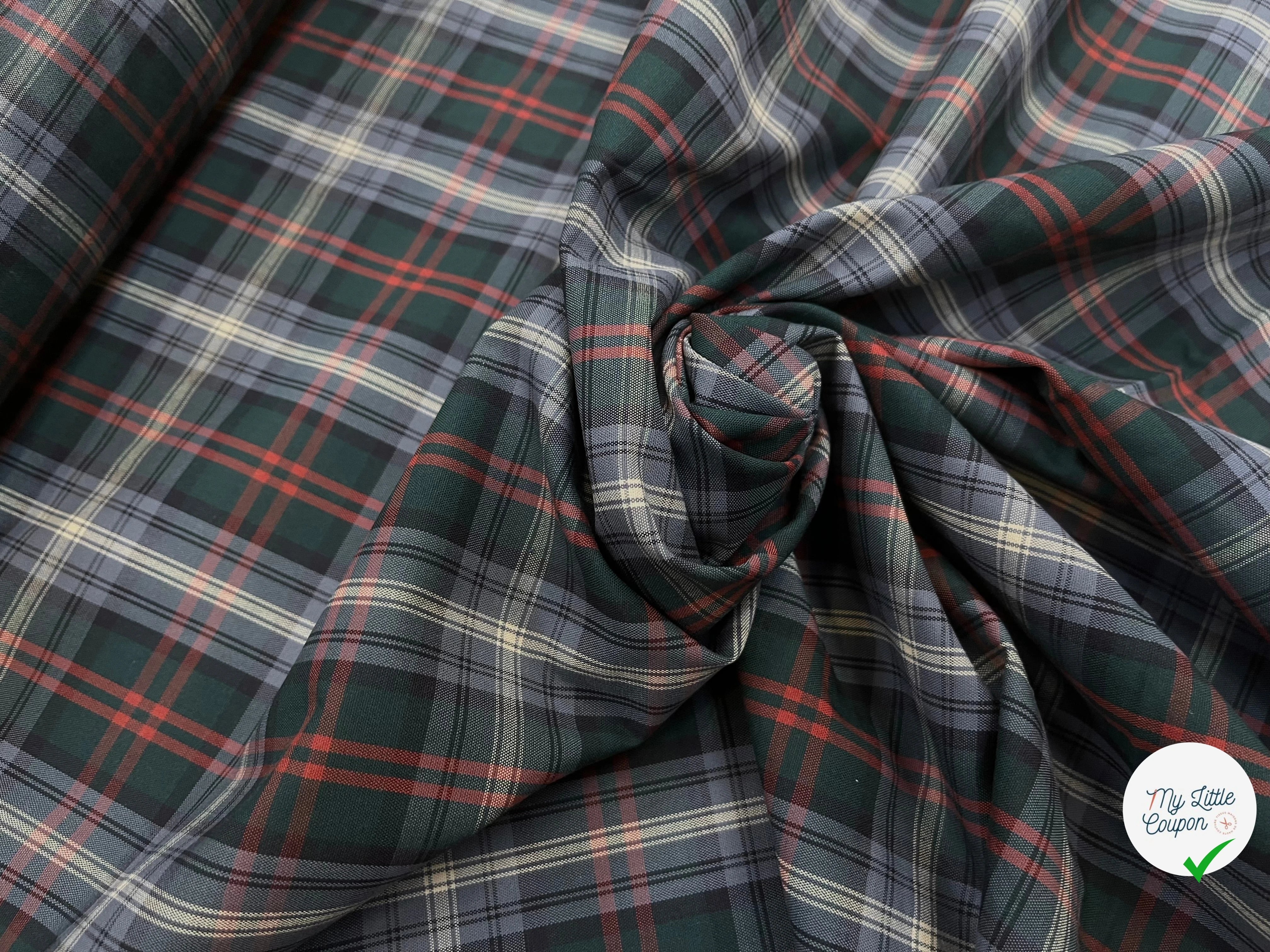 POPELINE DE COTON MOTIF PRINCE DE GALLES VERT, GRIS ET ROUGE 145CM - My Little Coupon