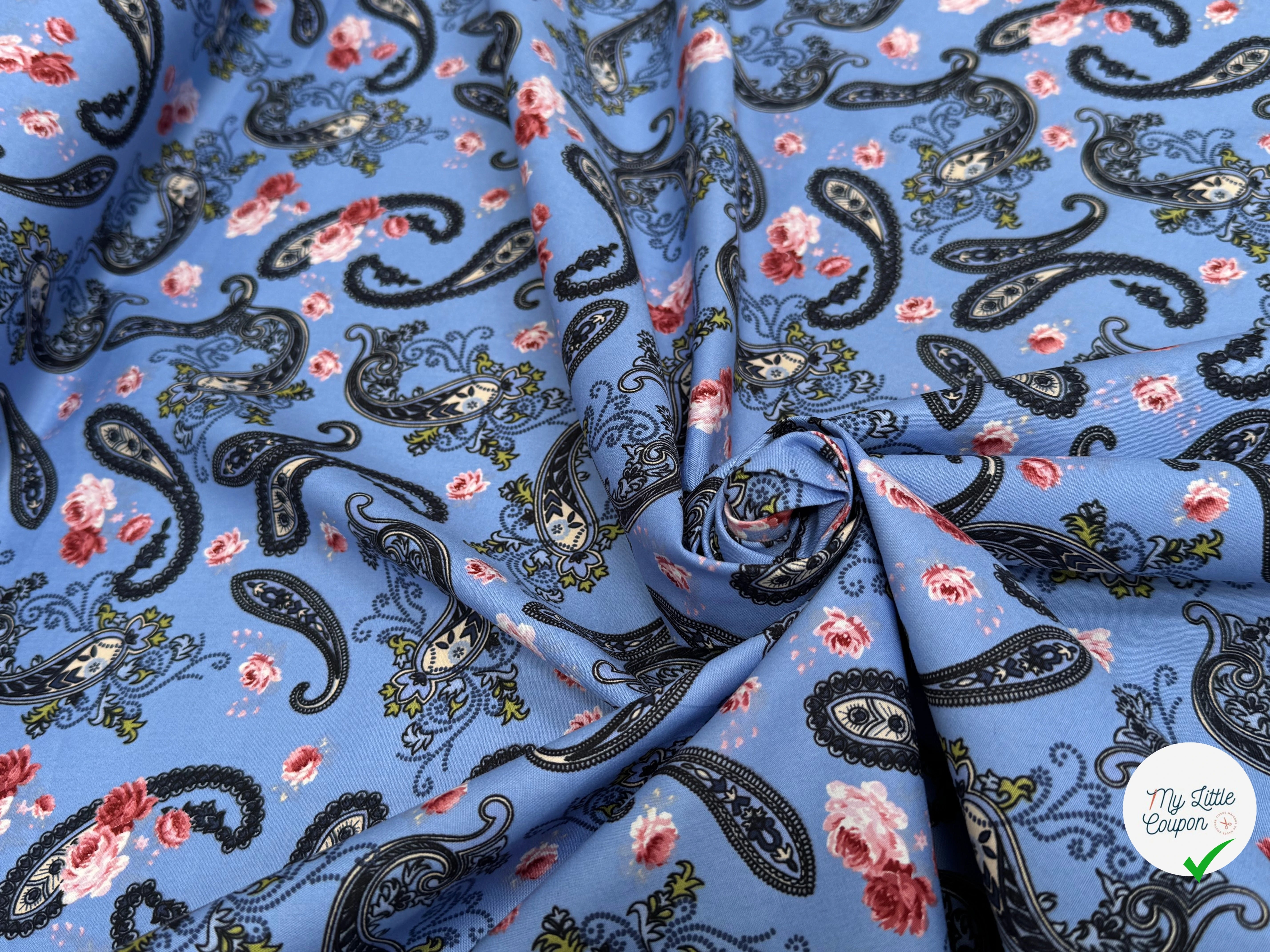 POPELINE DE COTON PAISLEY BLEU - My Little Coupon