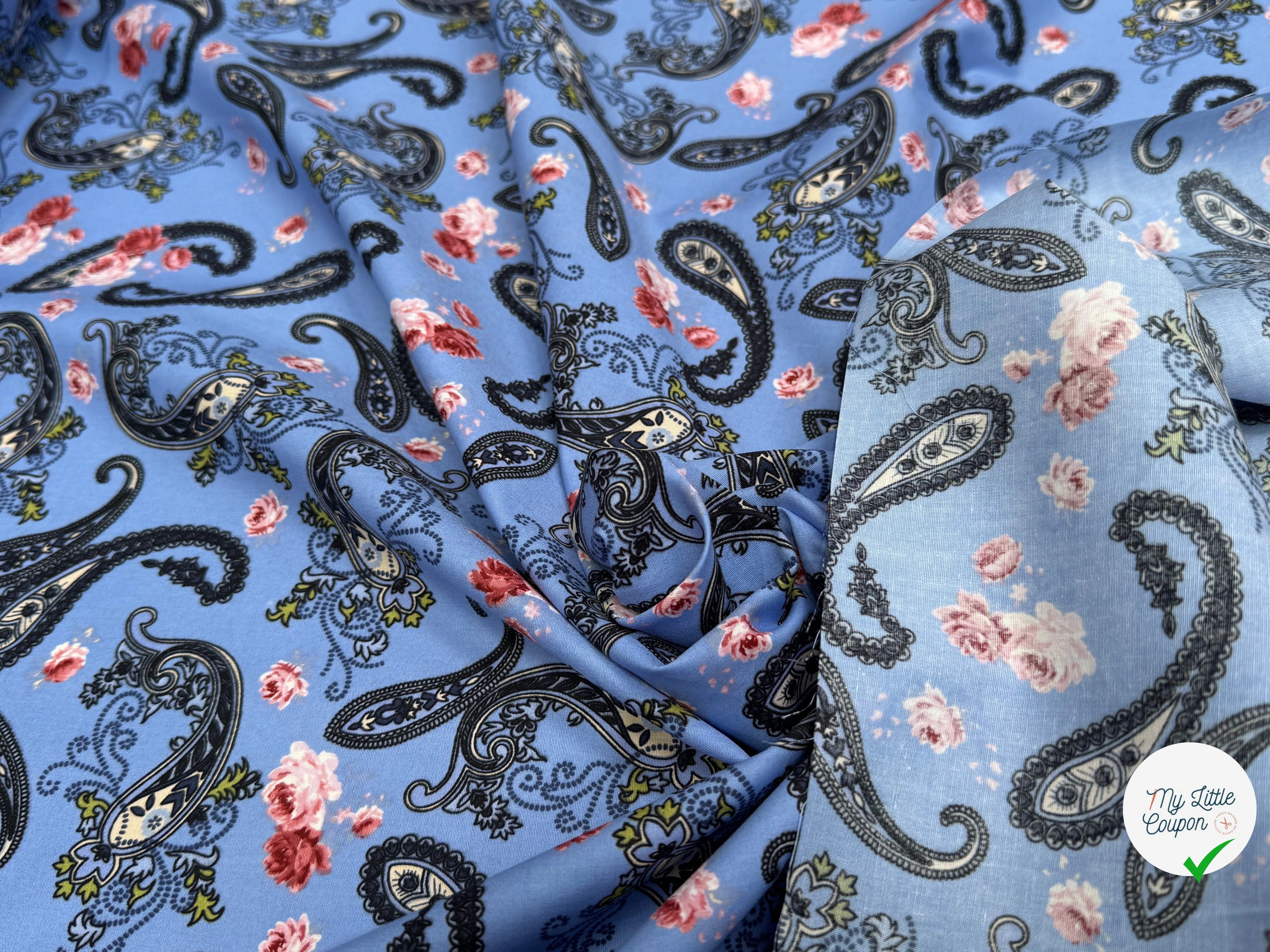 POPELINE DE COTON PAISLEY BLEU - My Little Coupon