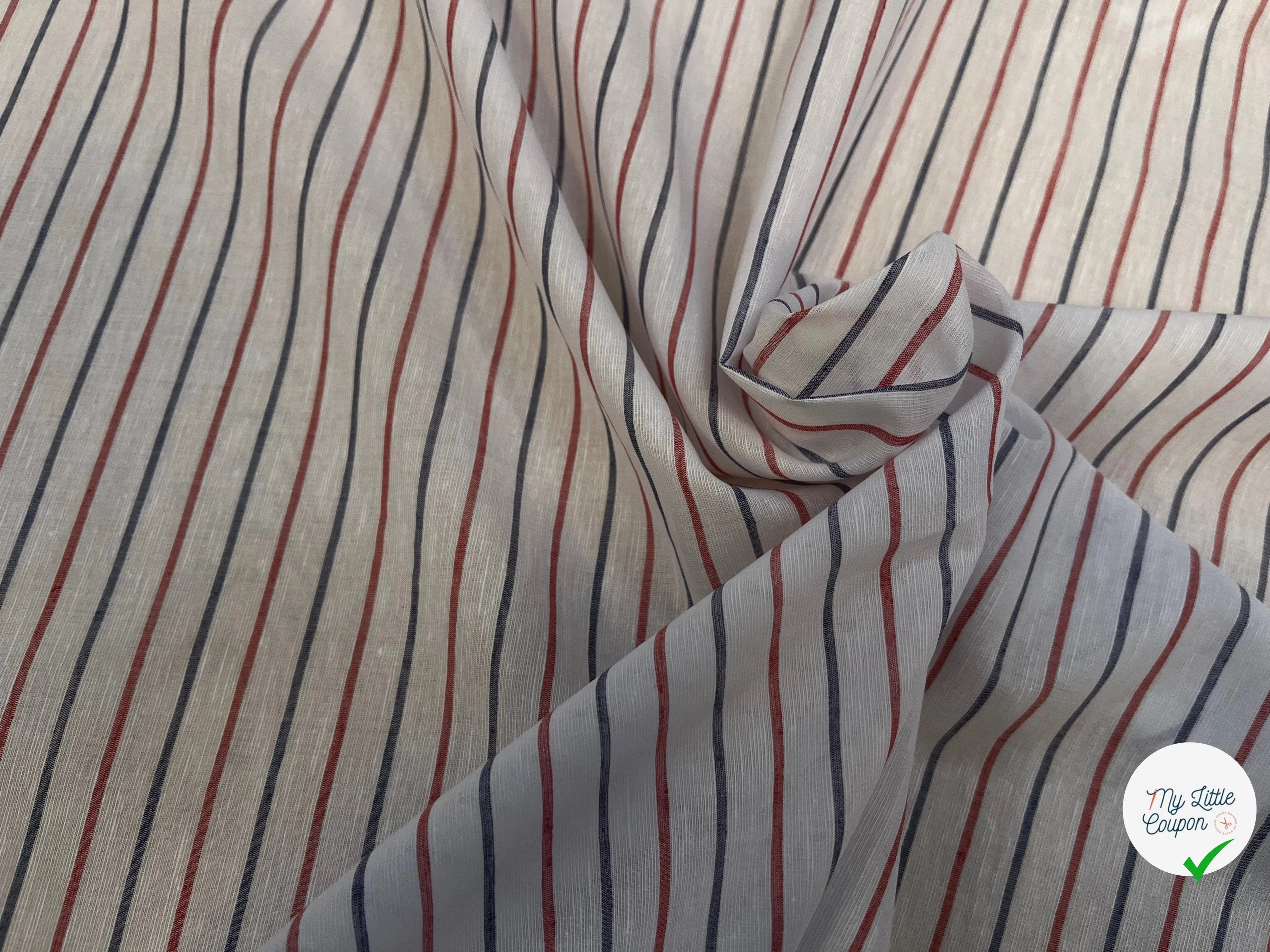POPELINE DE COTON RAYURES BLEUES ET ROUGES PERPENDICULAIRE À LA LISIÈRE - My Little Coupon