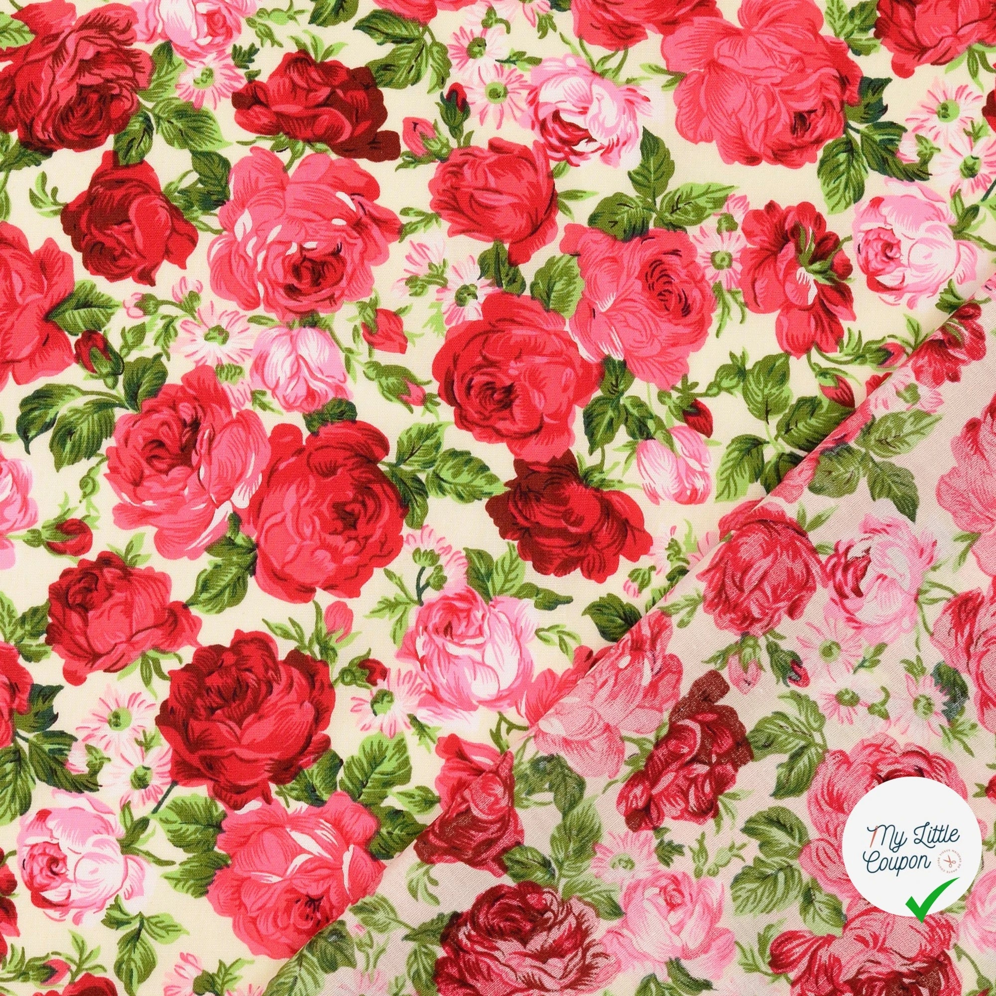 POPELINE DE COTON ROSES BLANC - My Little Coupon