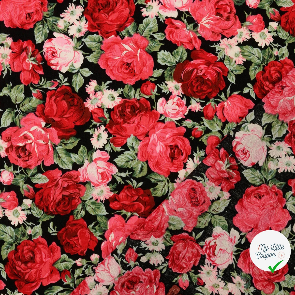 Popeline de coton roses noir
