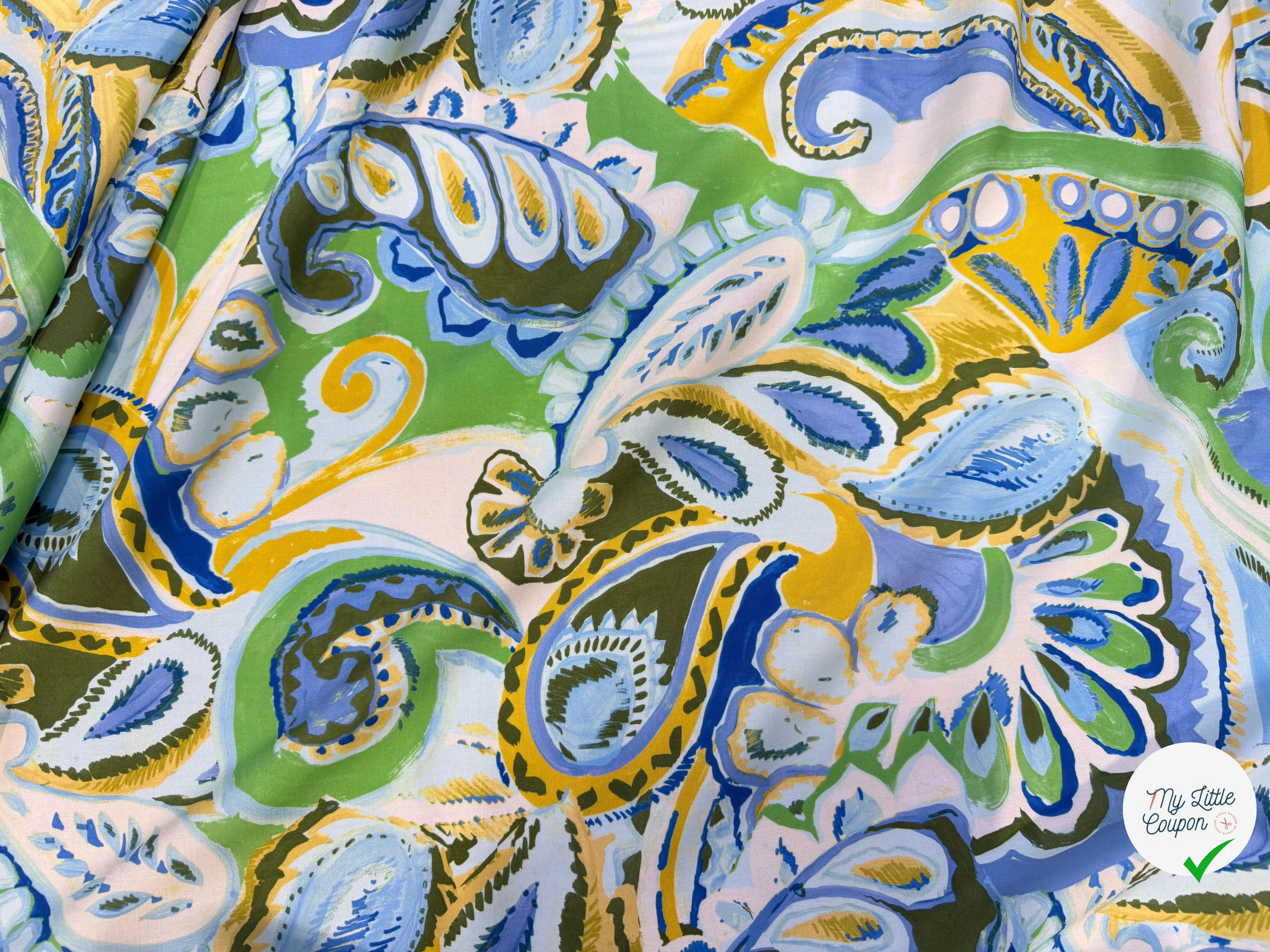 POPELINE DE VISCOSE 100%CV PAISLEY IMPRIMÉ NUMÉRIQUE VERT OLIVE - My Little Coupon