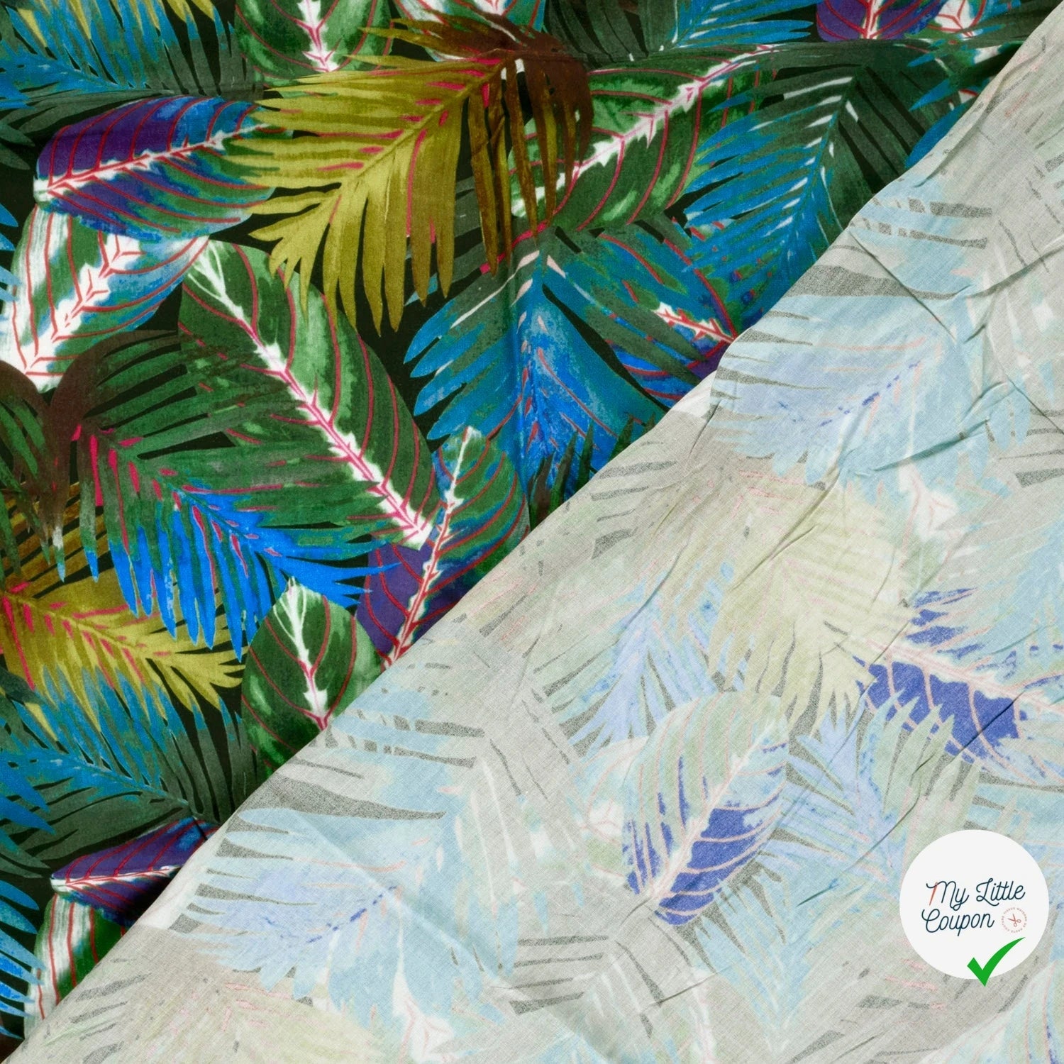 POPELINE DE VISCOSE IMPRIMÉ FEUILLES BLEU CANARD - My Little Coupon