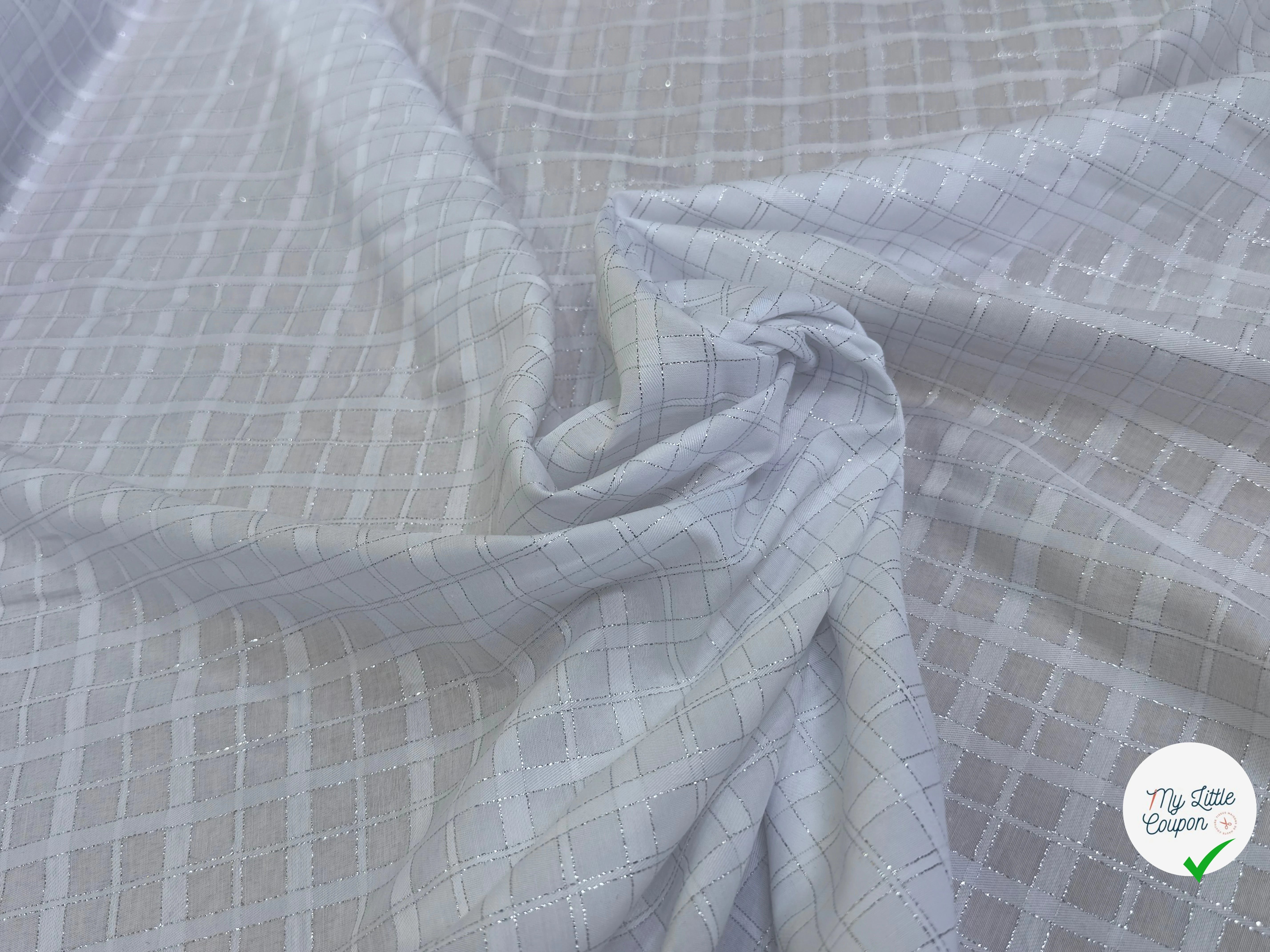 POPELINE POLYCOTON LUREX CARREAUX BLANC - My Little Coupon