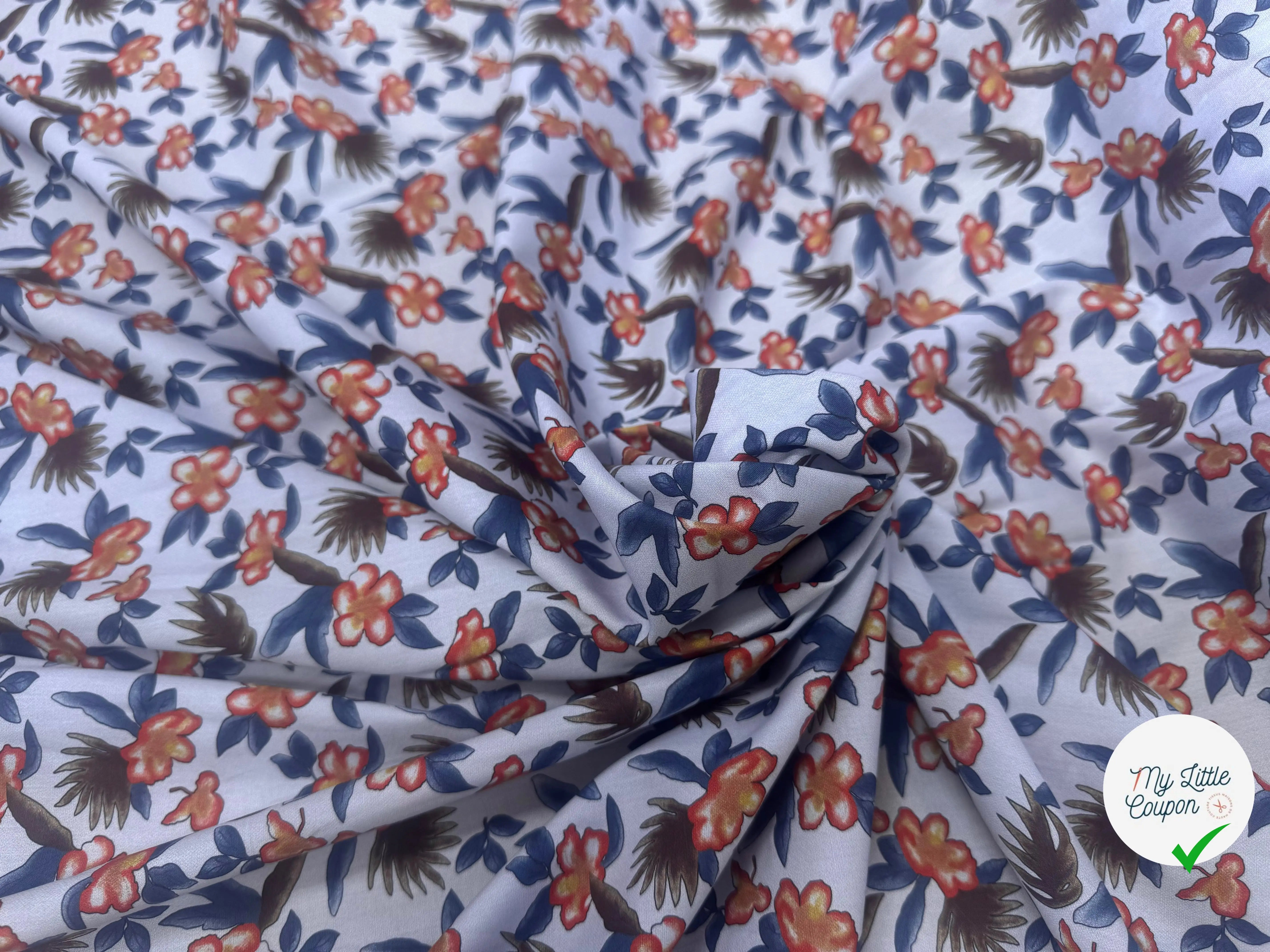 POPELINE SOUPLE COTON BLEU MOTIFS FLORAUX ORANGE BLEU MARRON - My Little Coupon