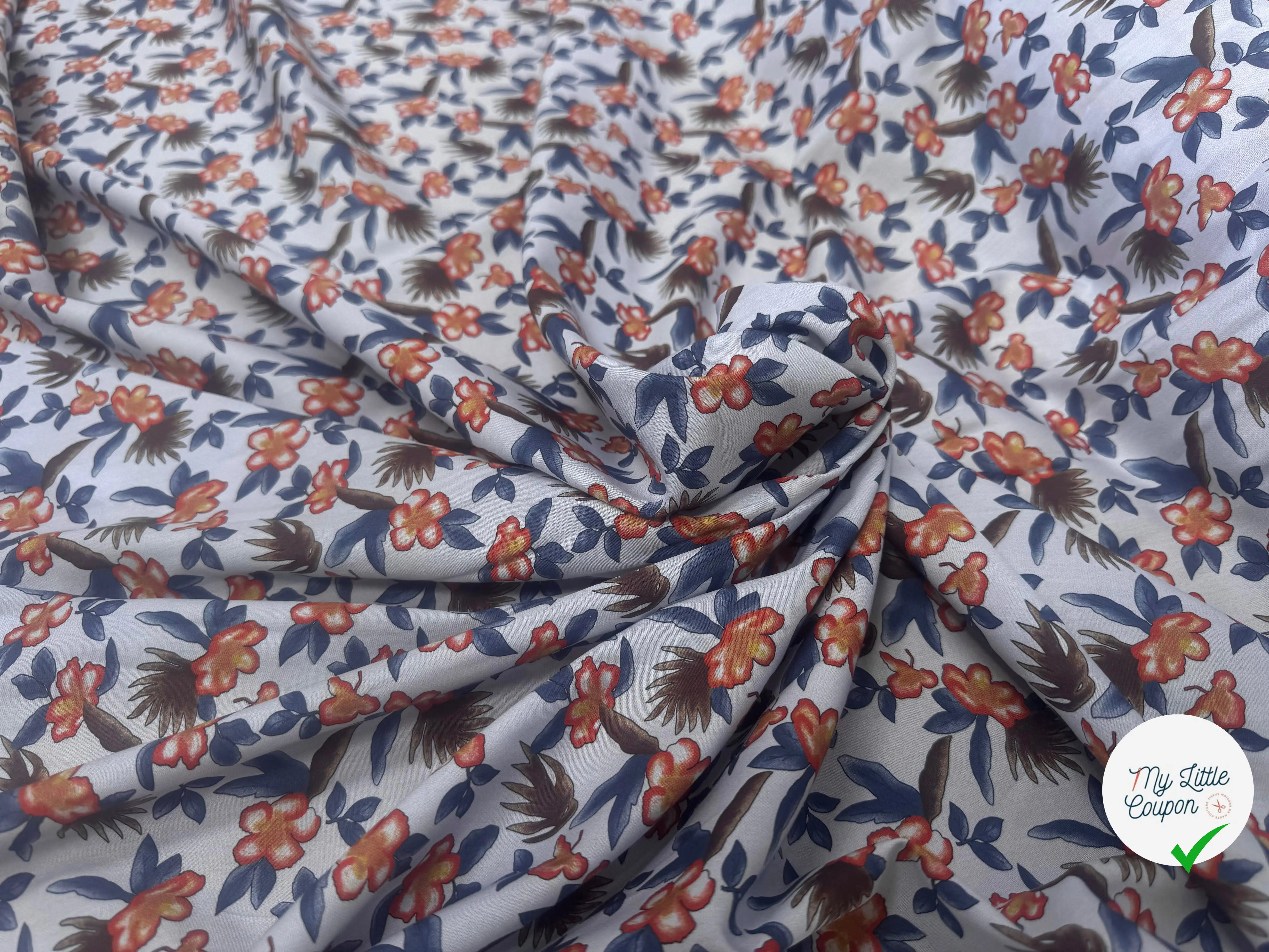 POPELINE SOUPLE COTON BLEU MOTIFS FLORAUX ORANGE BLEU MARRON - My Little Coupon