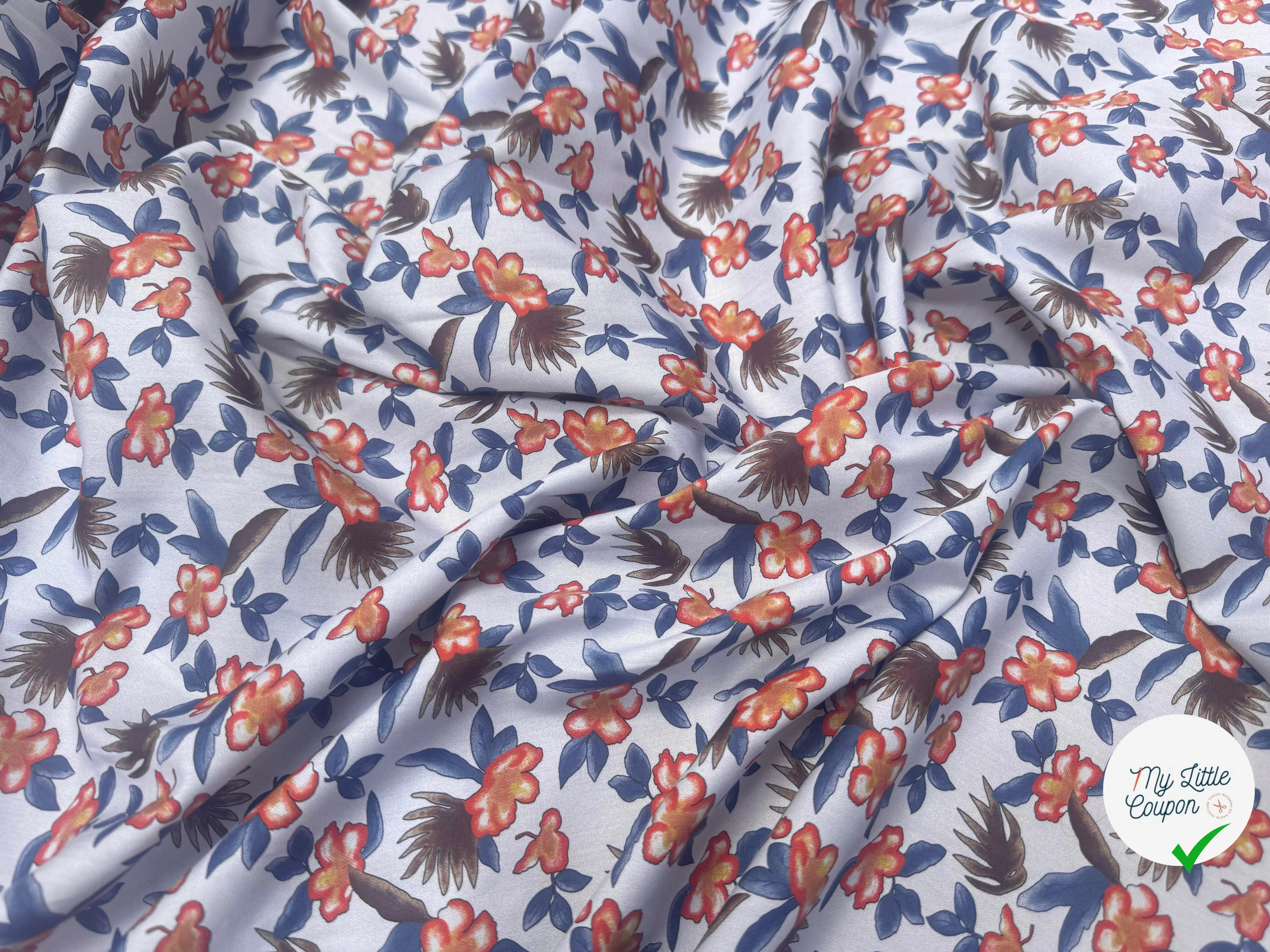 POPELINE SOUPLE COTON BLEU MOTIFS FLORAUX ORANGE BLEU MARRON - My Little Coupon