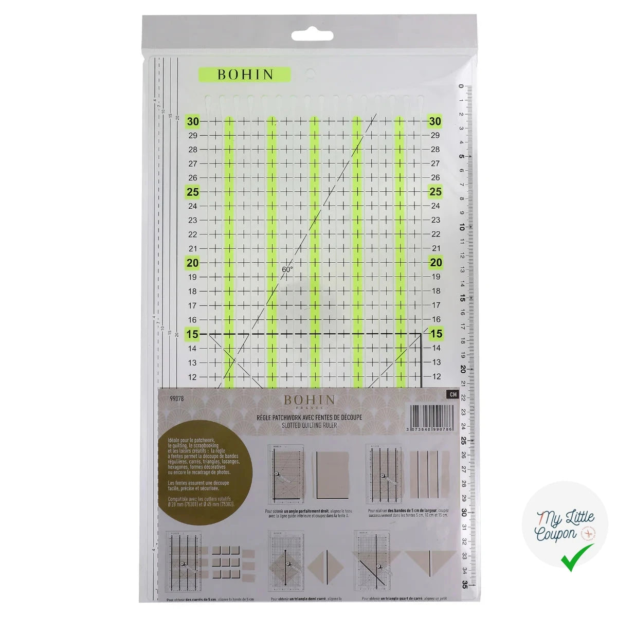 Règle patchwork avec fentes BOHIN 30 x 15 cm - packaging face avant