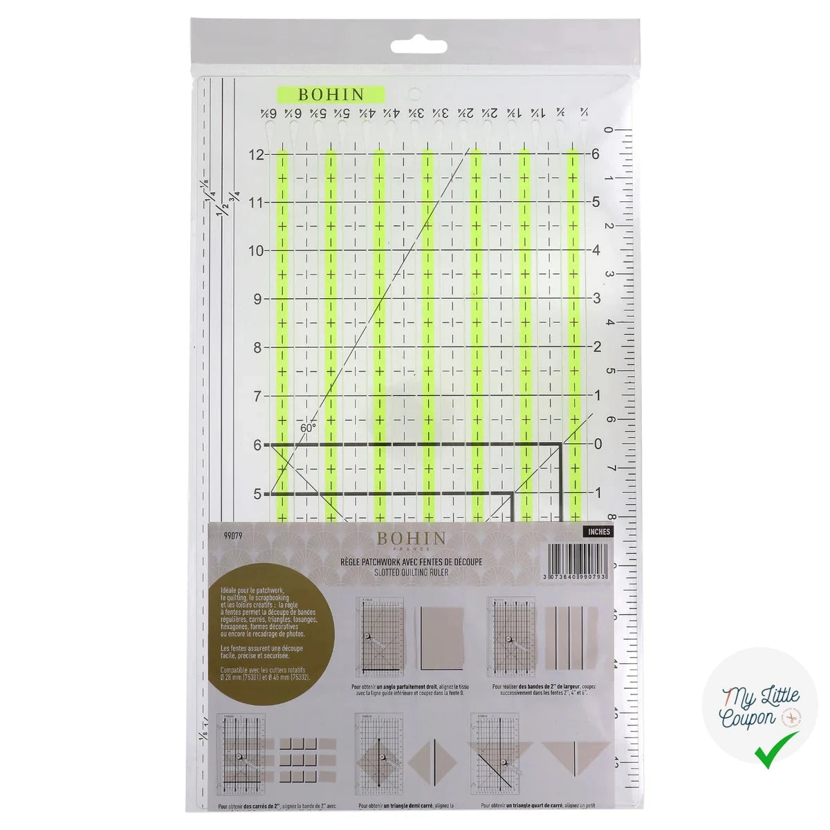 Règle patchwork avec fentes BOHIN 30 x 15 cm - packaging graduation inches