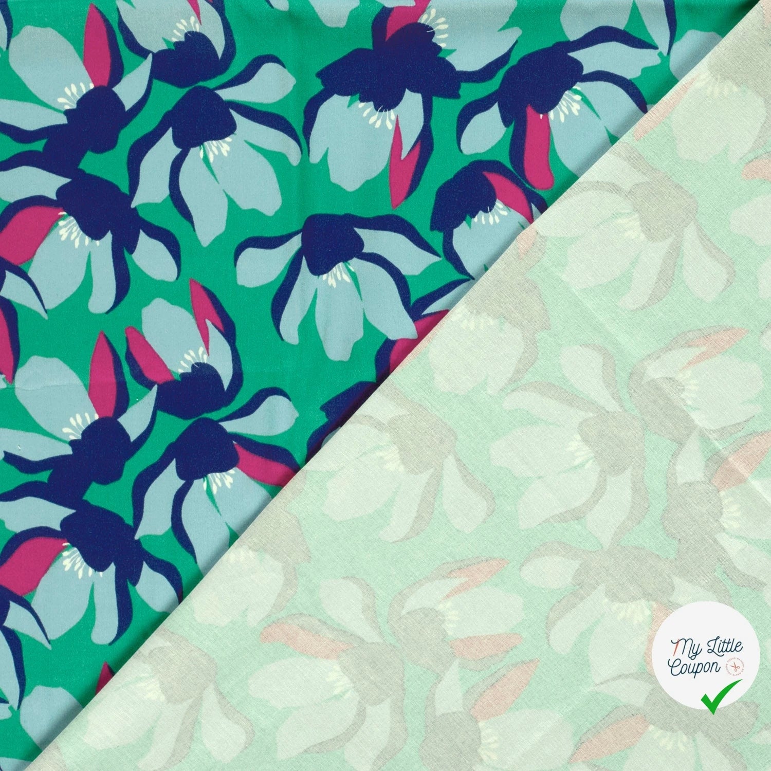 SATIN DE COTON FLEURS MENTHE FONCEE - My Little Coupon