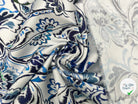 SATIN DE COTON STRETCH FLEUR D'ORIENT BLEU FOND BLANC MSO