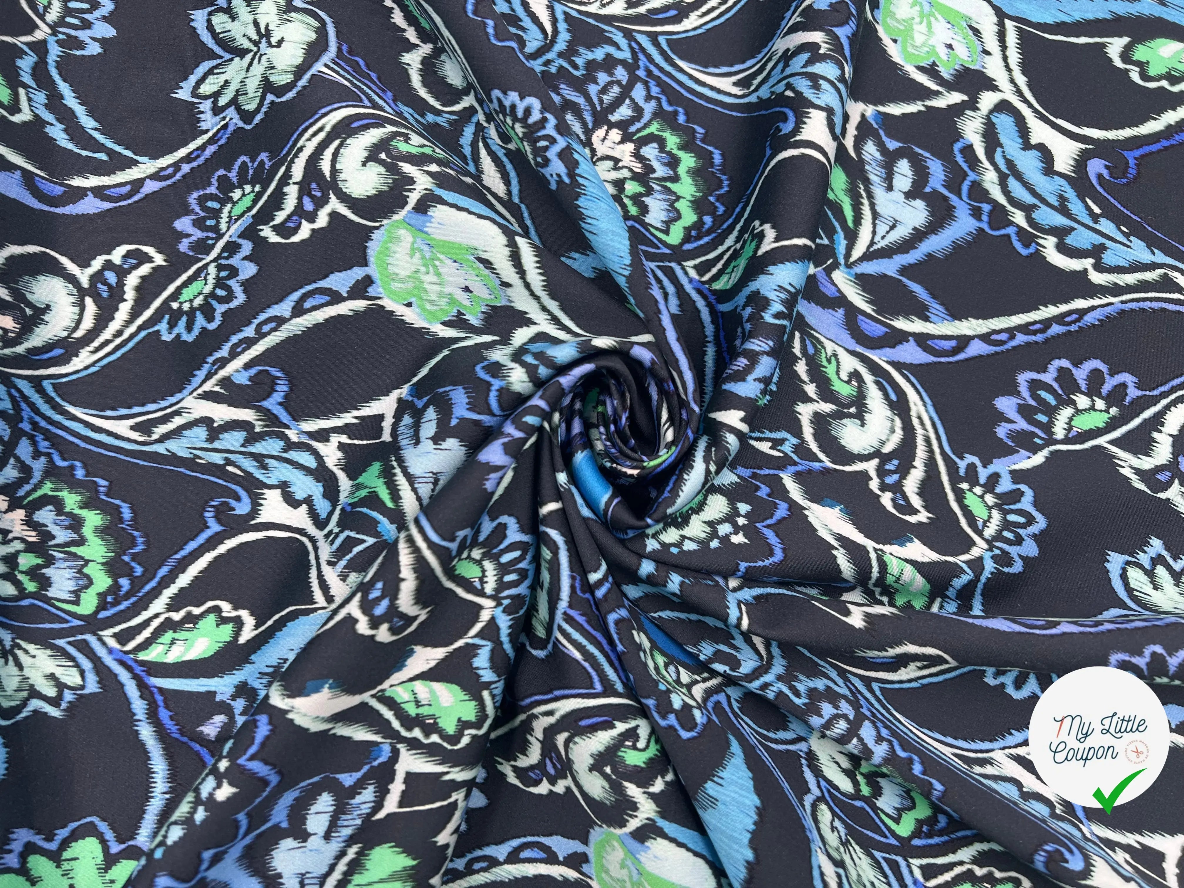 SATIN DE COTON STRETCH FLEURS D'ORIENT AQUAMARINA MSO