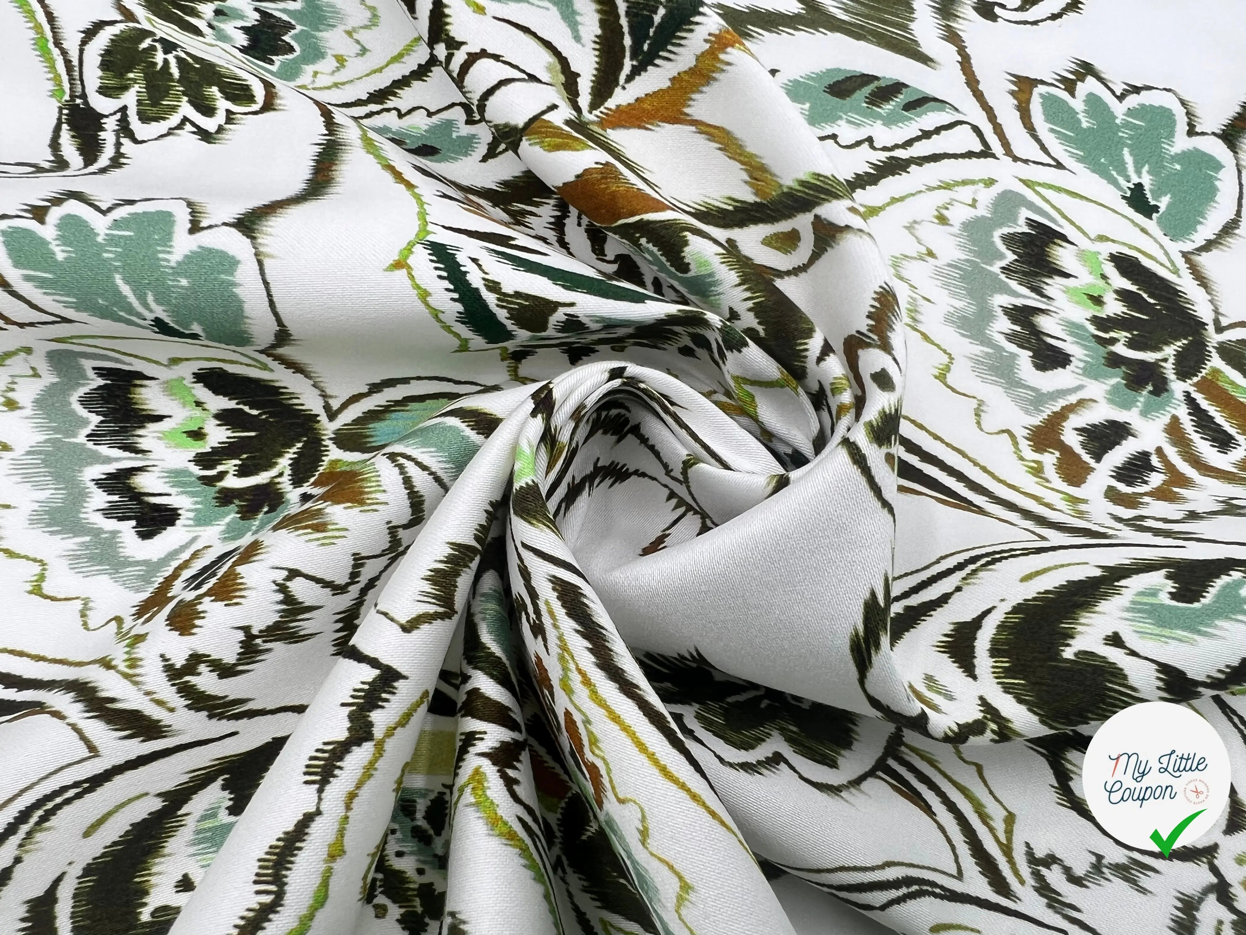 SATIN DE COTON STRETCH FLEURS D'ORIENT TONS DE PISTACHE - My Little Coupon