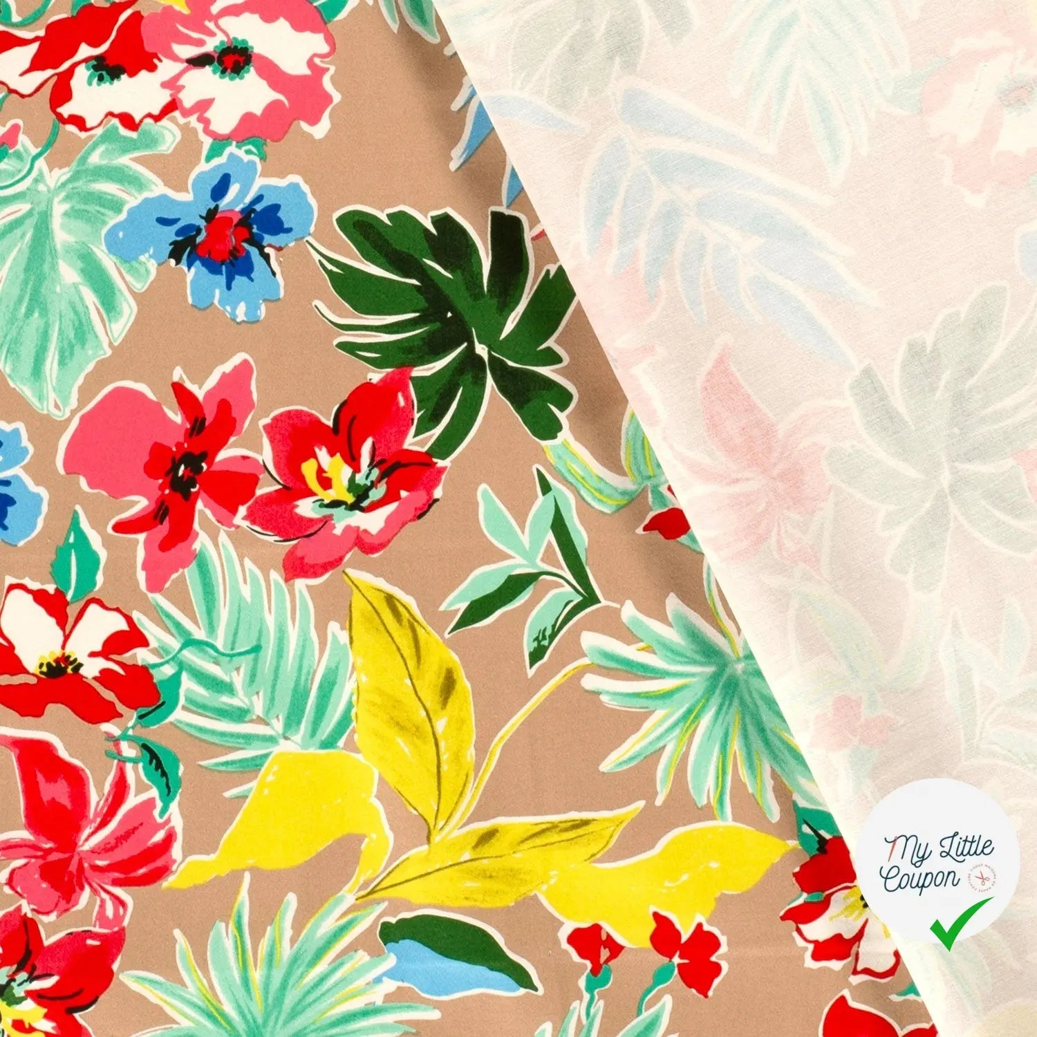 SATIN DE COTON TISSU IMPRIMÉ FLEURS CAMEL - My Little Coupon