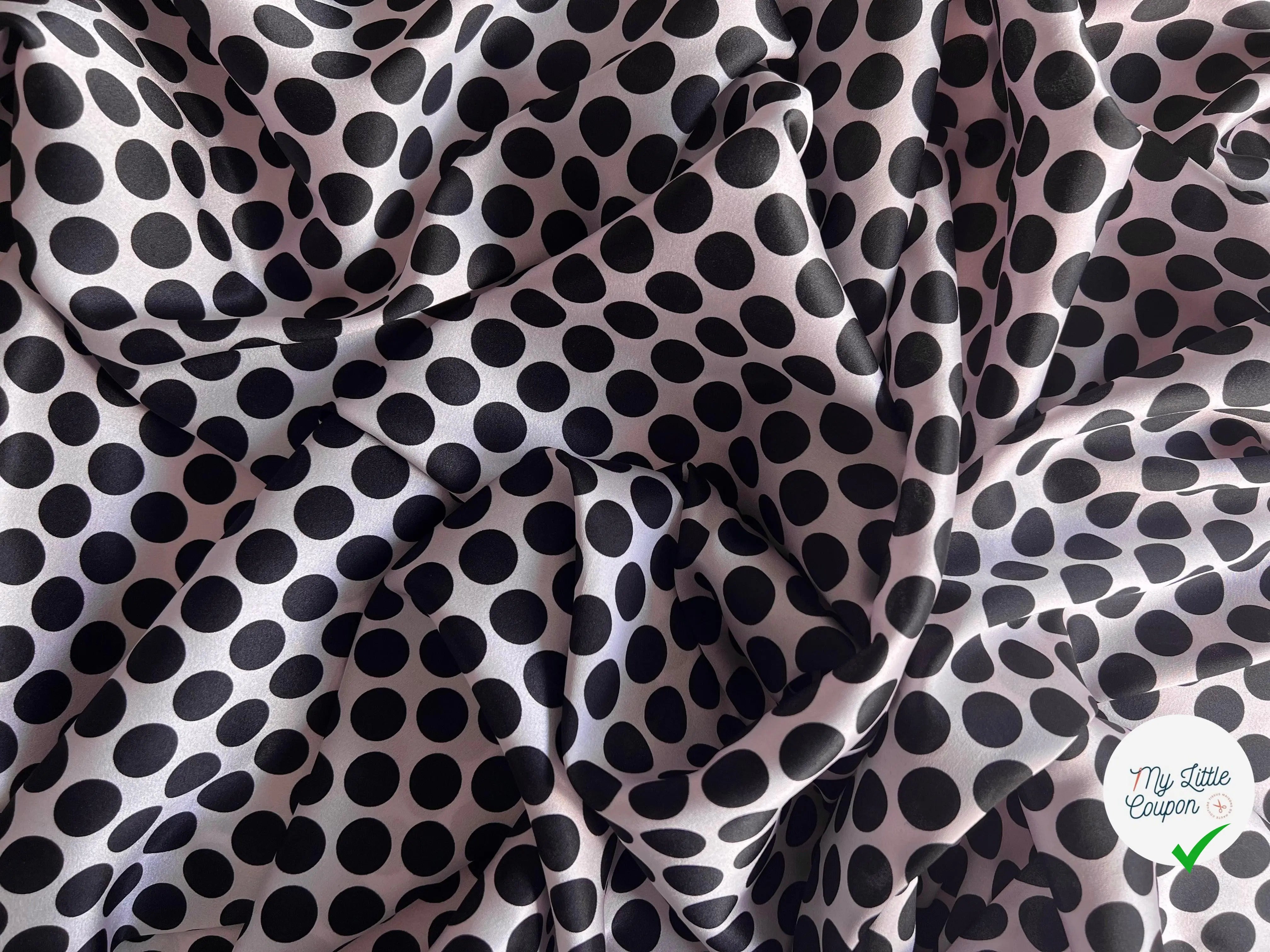 SATIN DE SOIE EXTENSIBLE POIS NOIRS SUR FOND ROSE - My Little Coupon - tissu - coudre