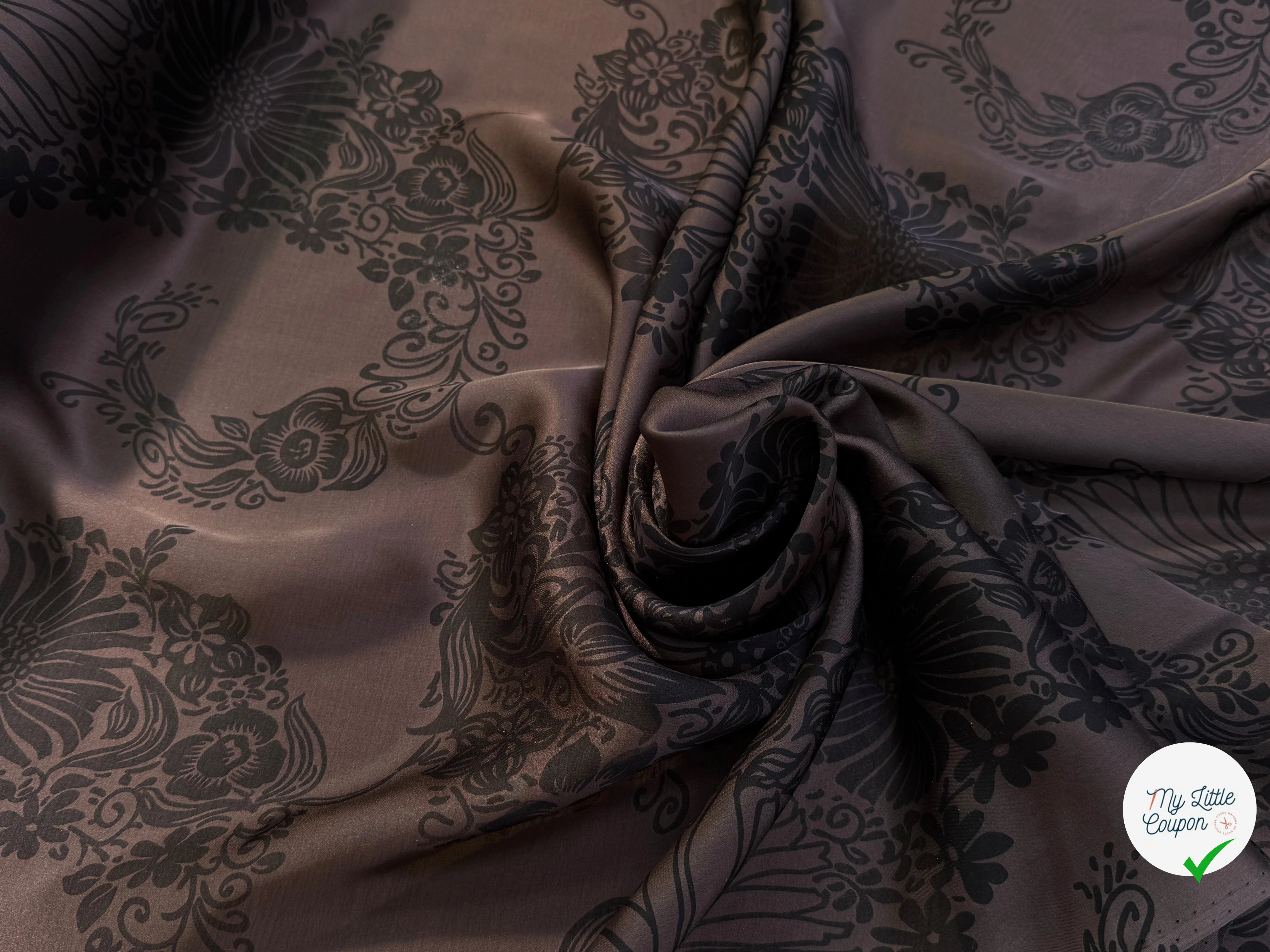 SATIN DE SOIE FLUIDE SMOKY BROWN IMPRIMÉ BASE DE FLEURS - My Little Coupon