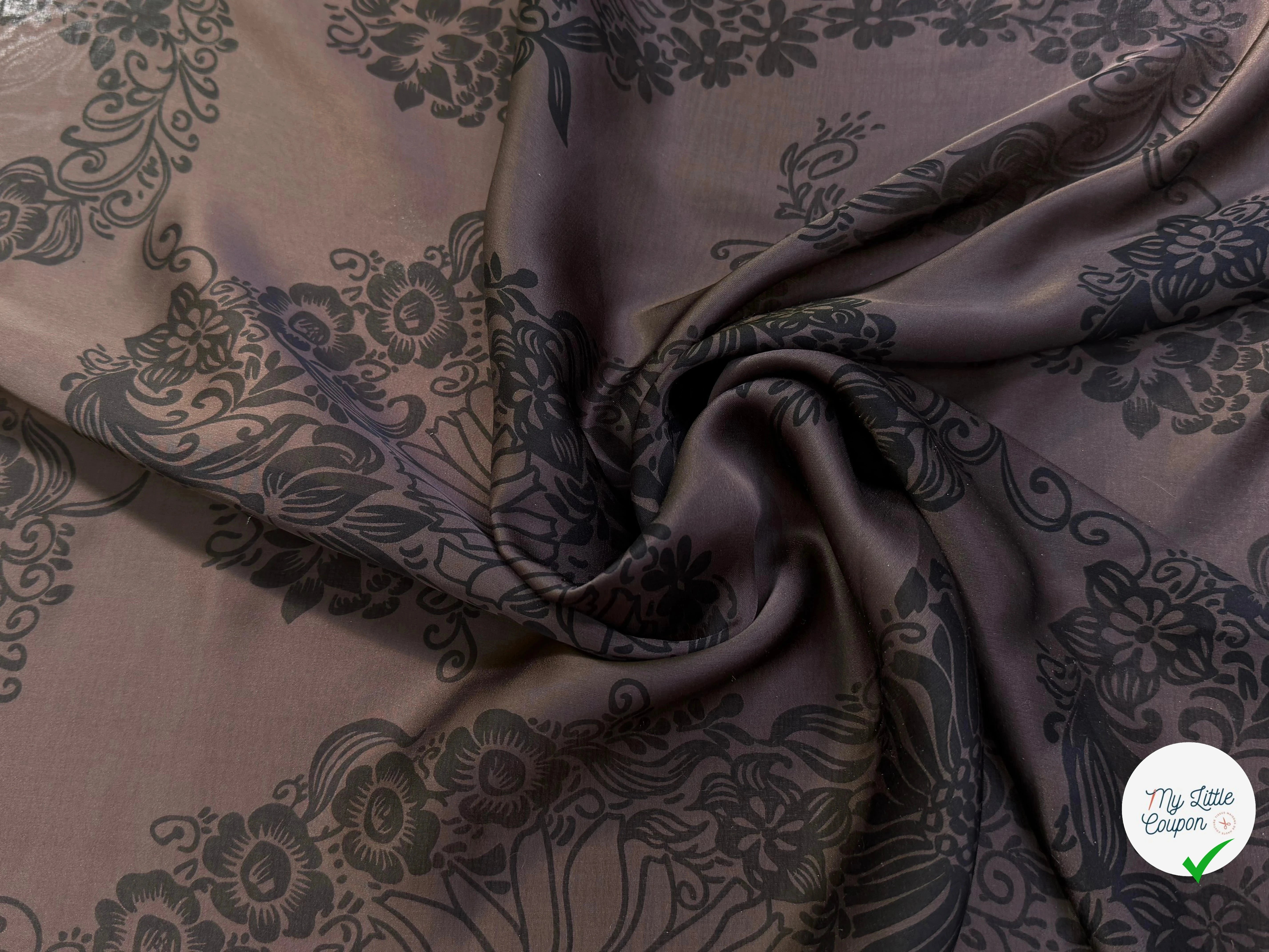 SATIN DE SOIE FLUIDE SMOKY BROWN IMPRIMÉ BASE DE FLEURS - My Little Coupon