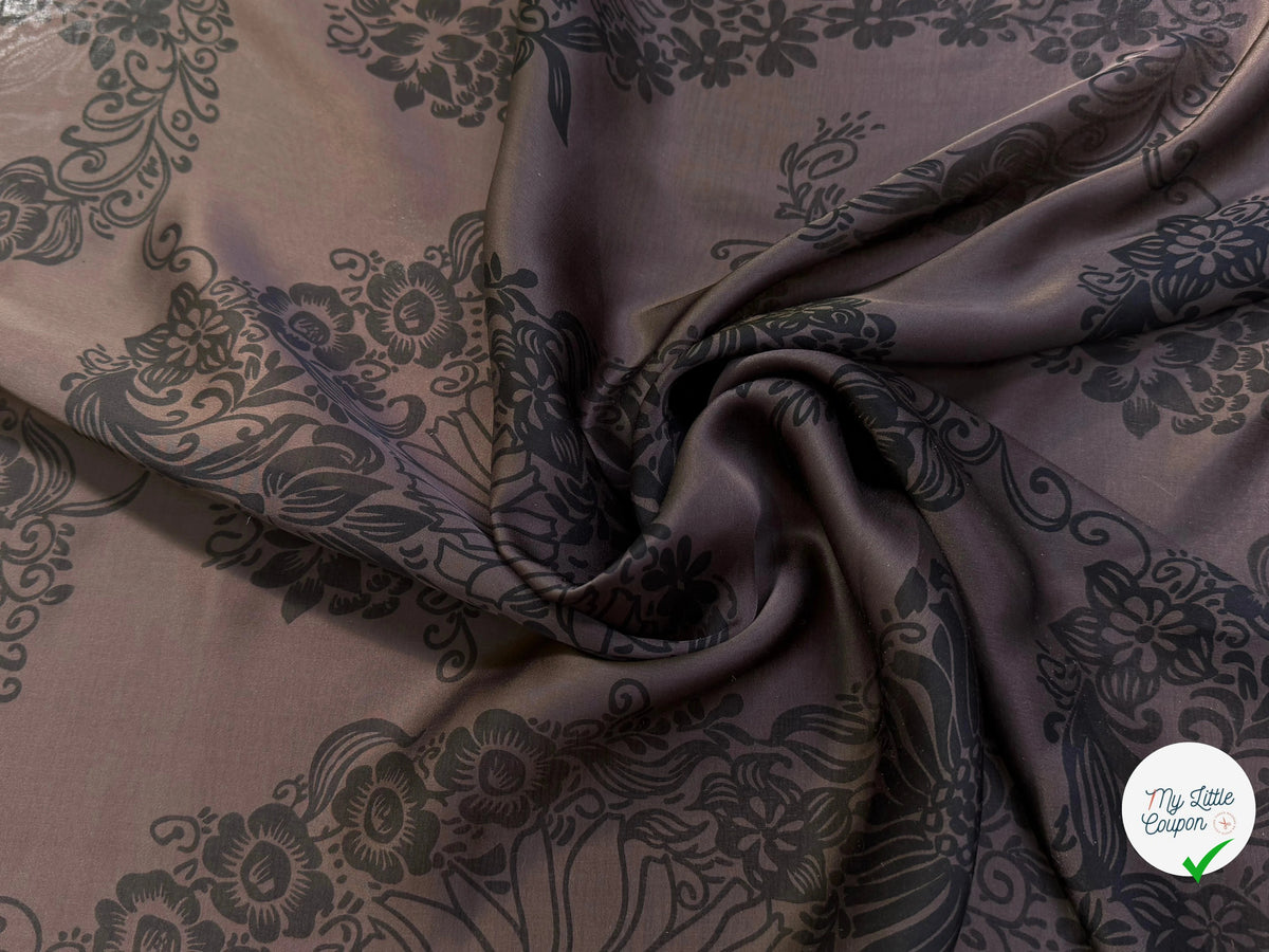 SATIN DE SOIE FLUIDE SMOKY BROWN IMPRIMÉ BASE DE FLEURS - My Little Coupon