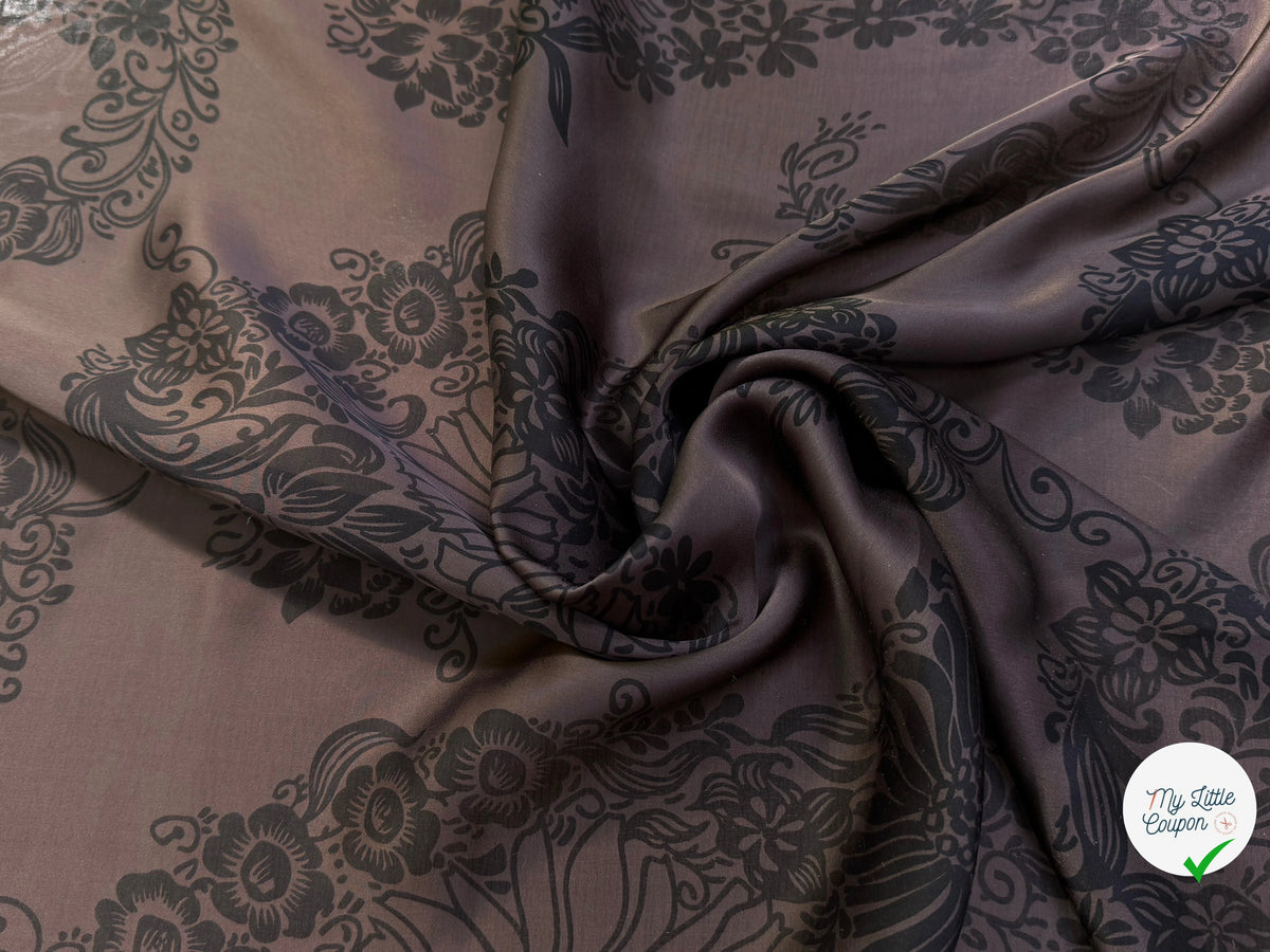 SATIN DE SOIE FLUIDE SMOKY BROWN IMPRIMÉ BASE DE FLEURS - My Little Coupon