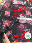 SATIN DE SOIE FOND NOIR MOTIFS ROUGE ET BLANC - My Little Coupon