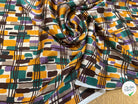 SATIN DE SOIE MOTIF RECTANGLE ABSTRAIT VERT JAUNE MARON ET VIOLET - My Little Coupon