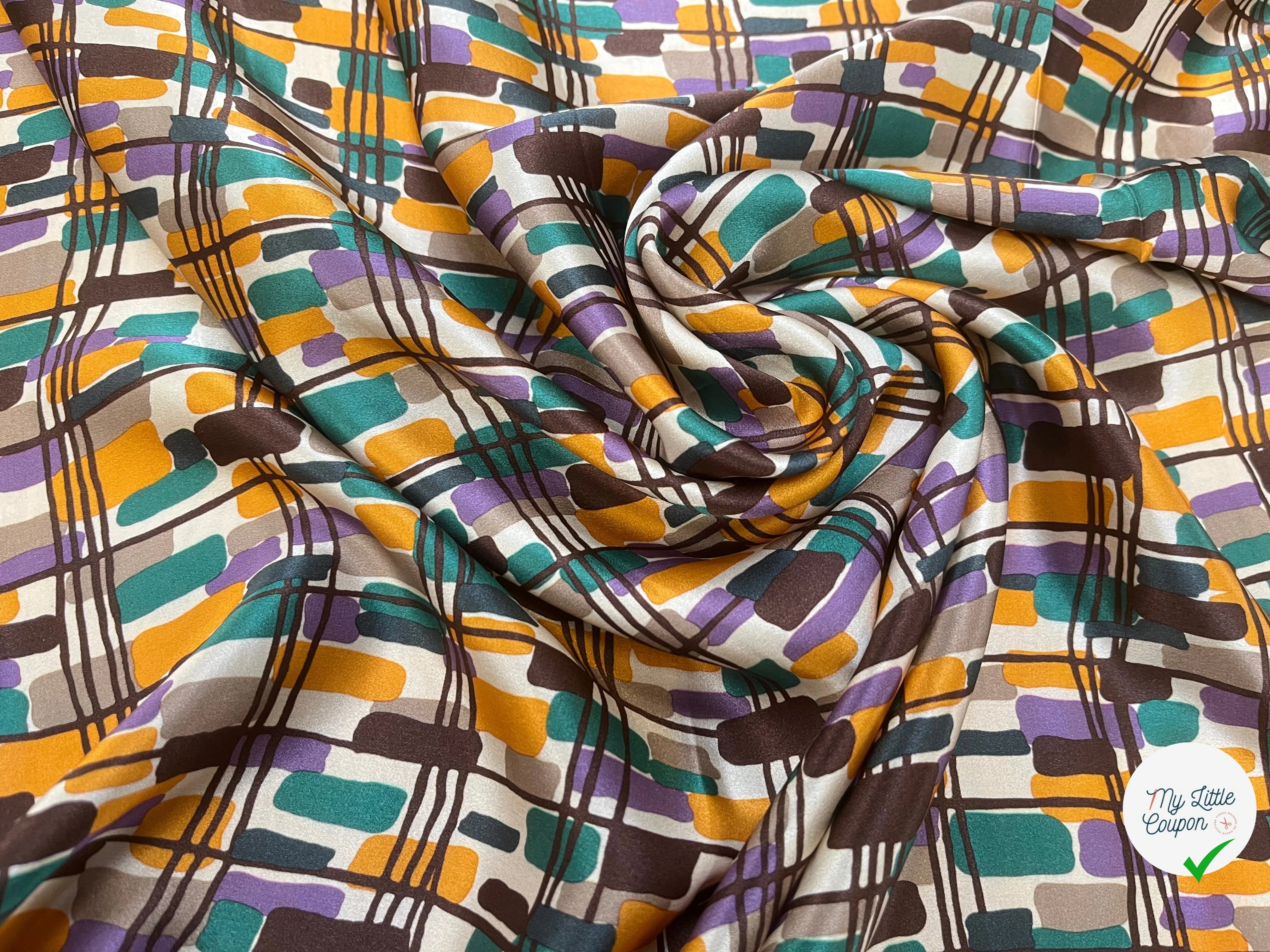 SATIN DE SOIE MOTIF RECTANGLE ABSTRAIT VERT JAUNE MARON ET VIOLET - My Little Coupon