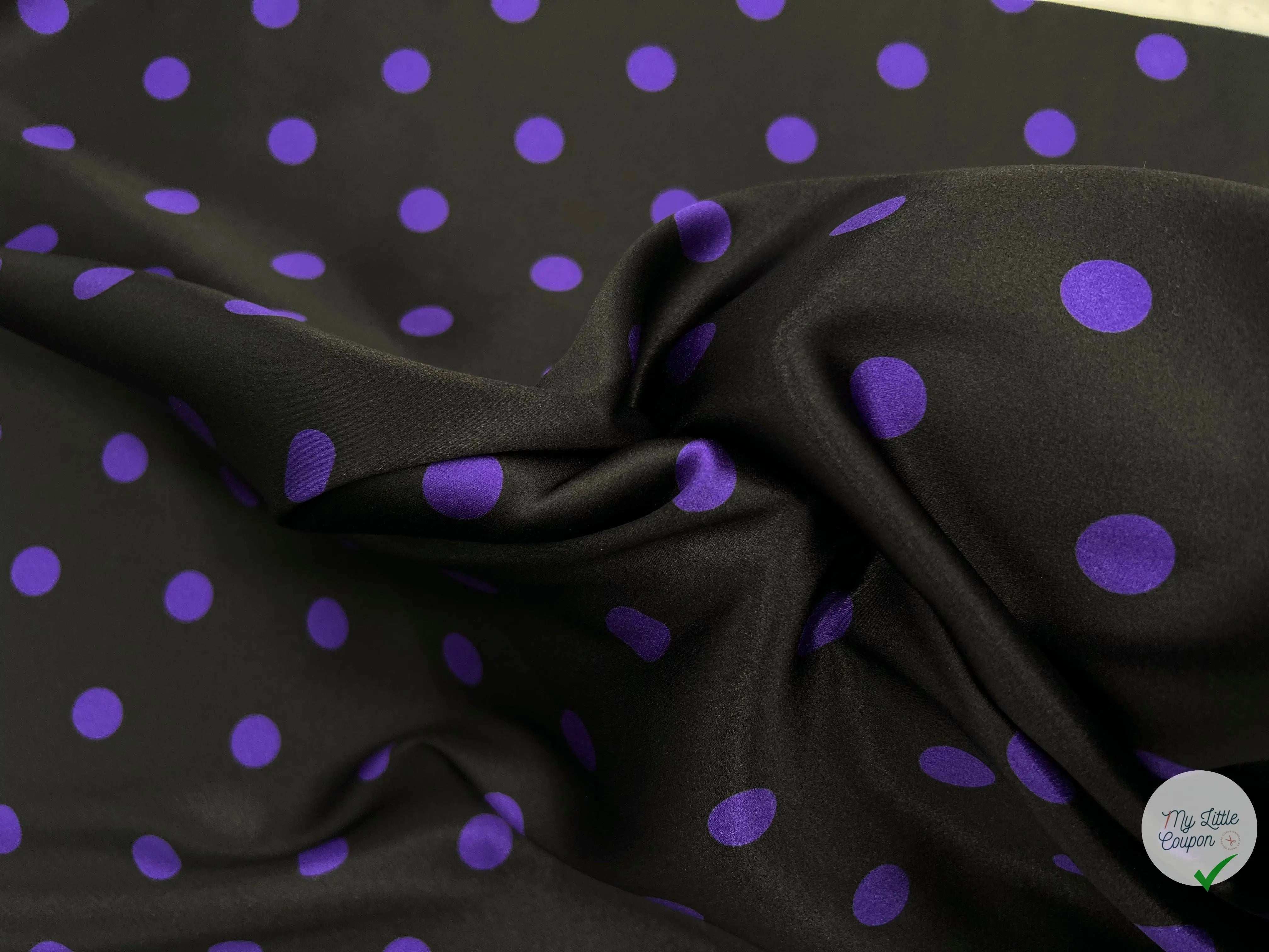 SATIN DE SOIE POIS VIOLET FOND NOIR - coupon de tissu de 3 mètres - My Little Coupon - tissu - coudre