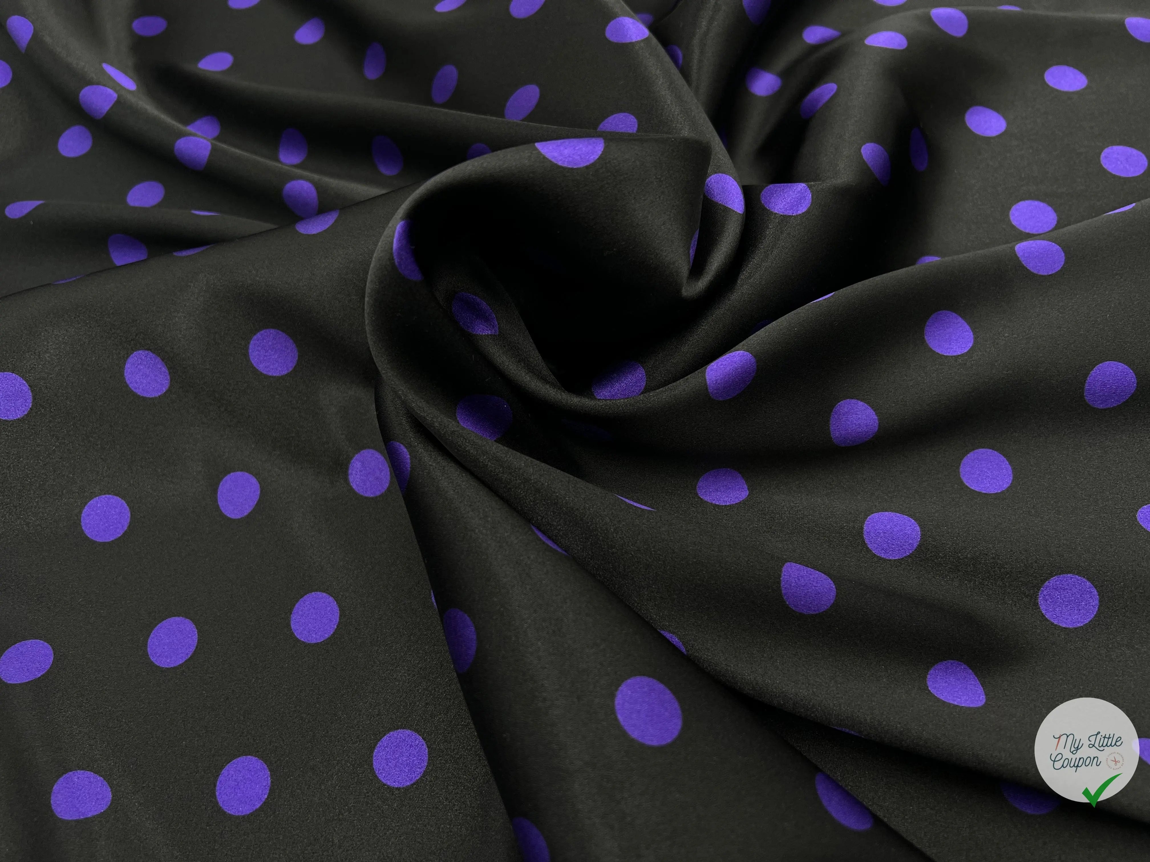 SATIN DE SOIE POIS VIOLET FOND NOIR - coupon de tissu de 3 mètres - My Little Coupon - tissu - coudre