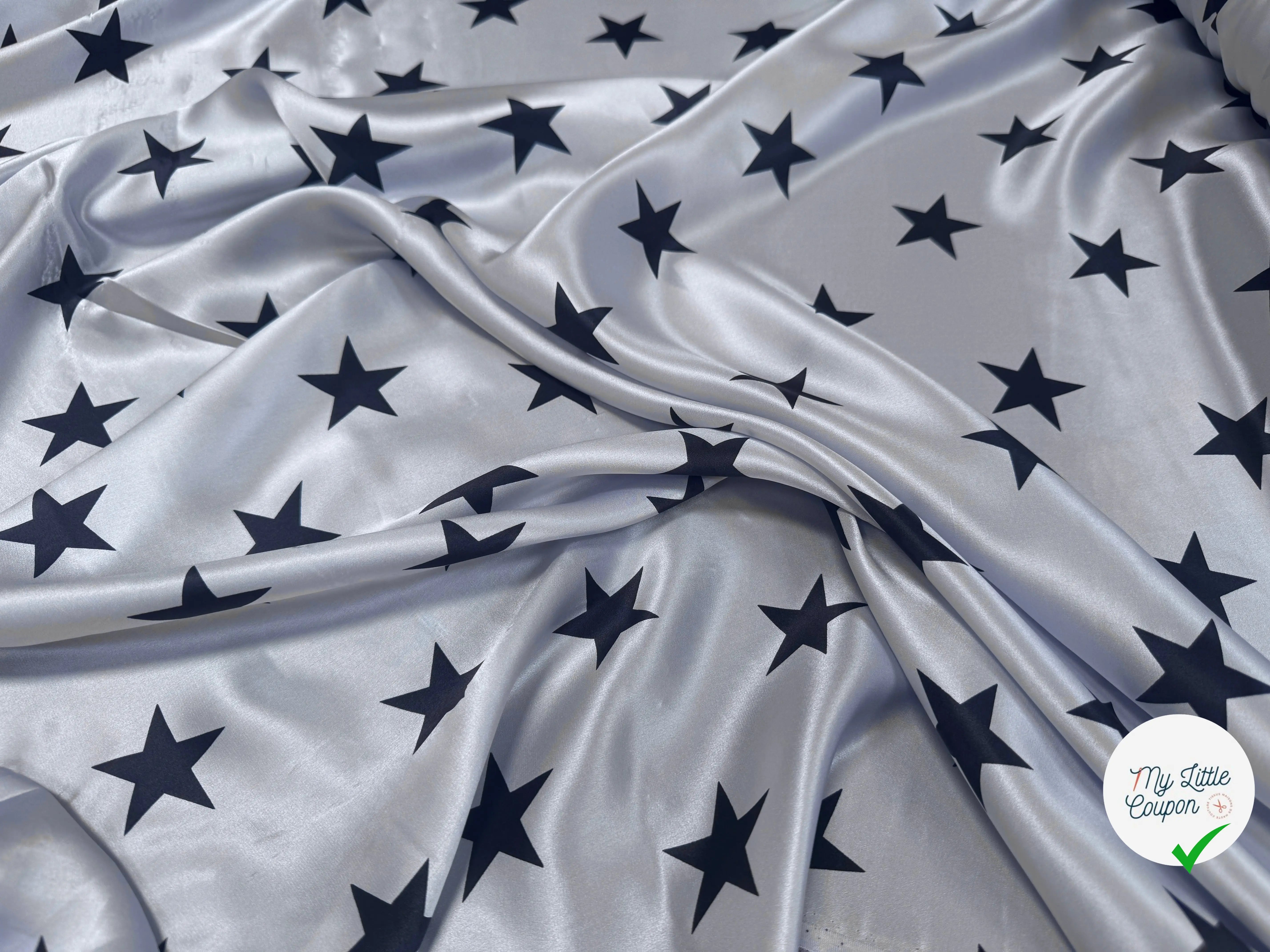 SATIN DE SOIE PRINT ÉTOILÉ NOIR FOND SKY BLUE - My Little Coupon