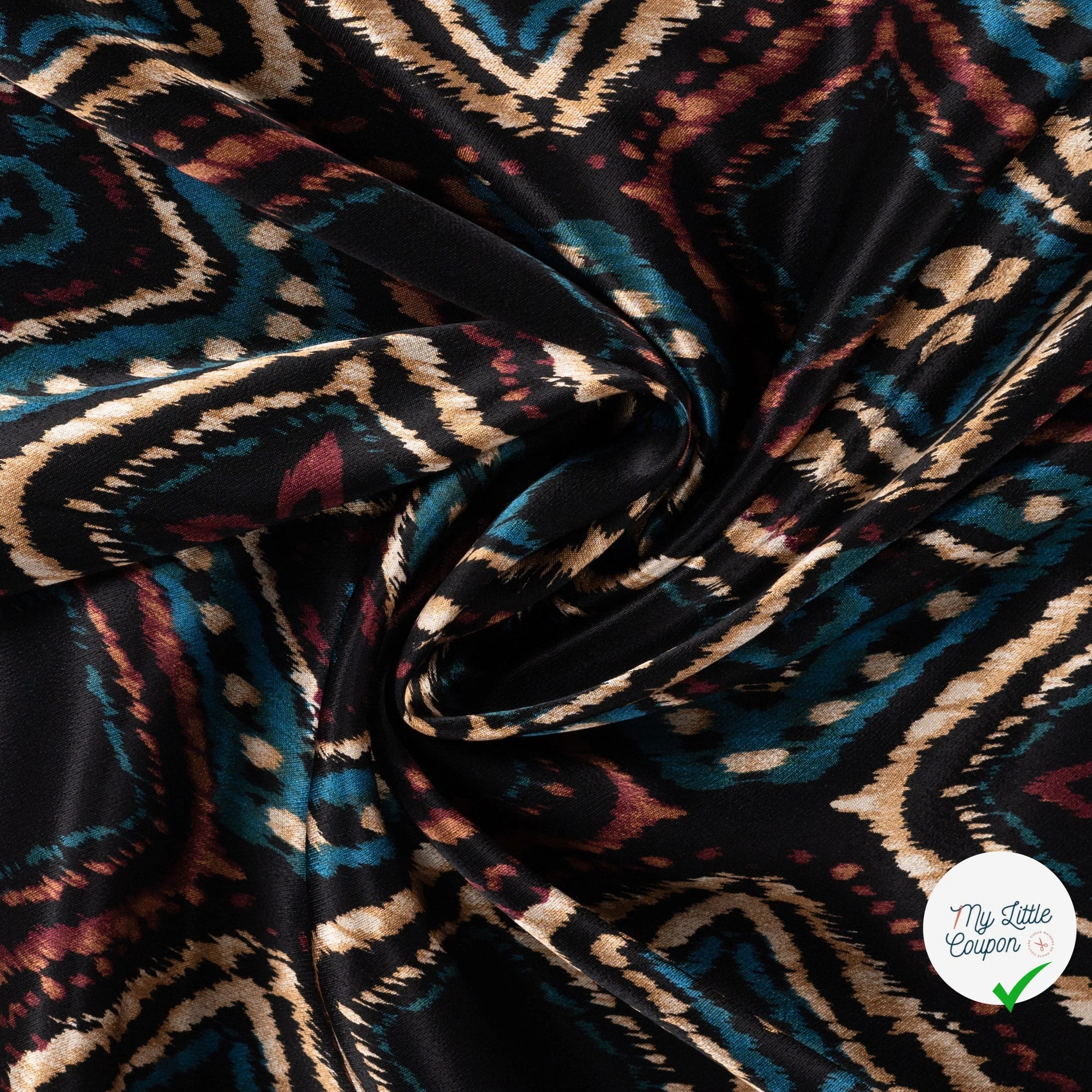 SATIN DE VISCOSE IMPRIMÉ RÉTRO TURQUOISE - drapé