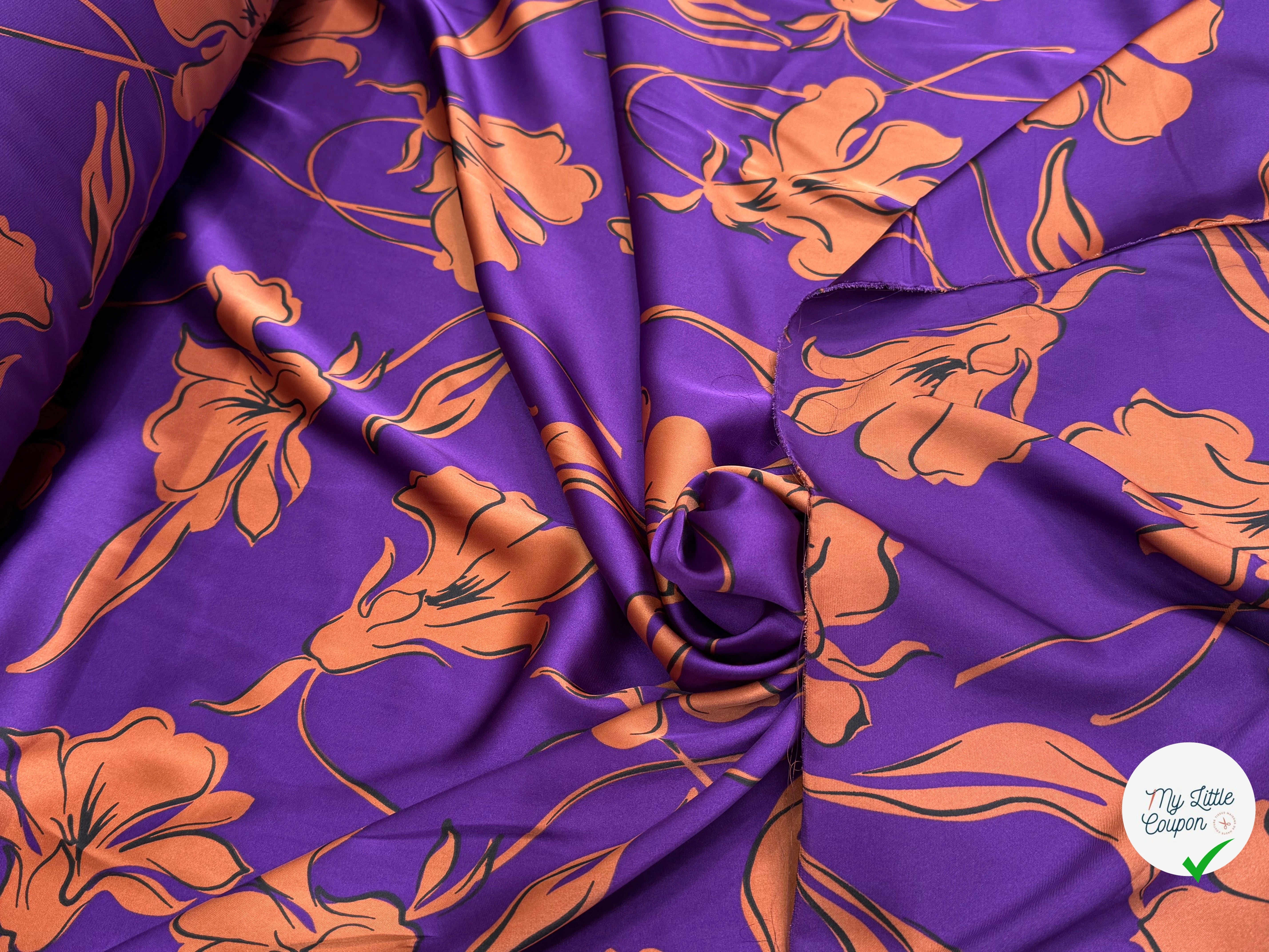 SATIN FLUIDE FOND VIOLET FLORAUX CARAMEL - My Little Coupon