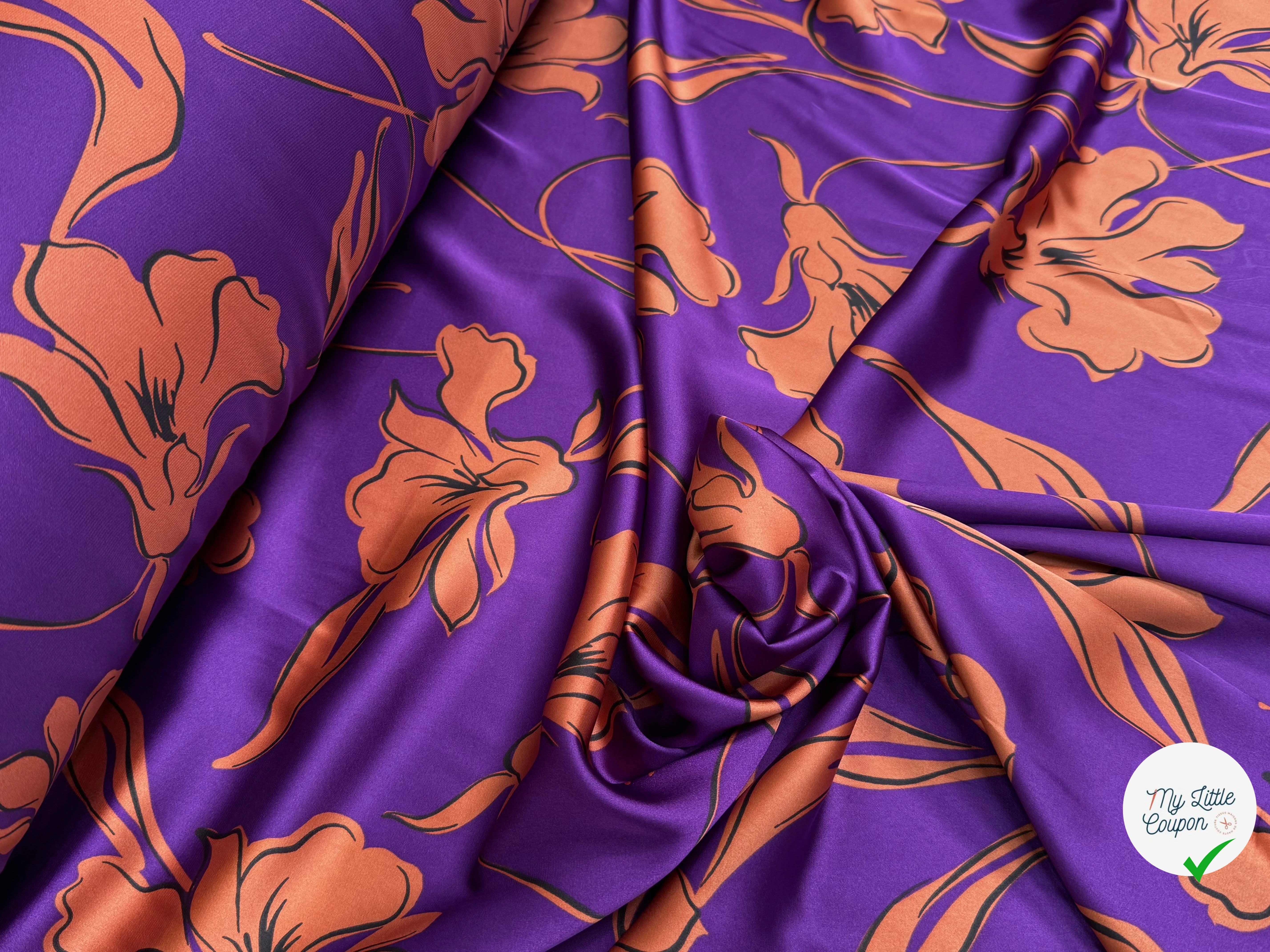 SATIN FLUIDE FOND VIOLET FLORAUX CARAMEL - My Little Coupon